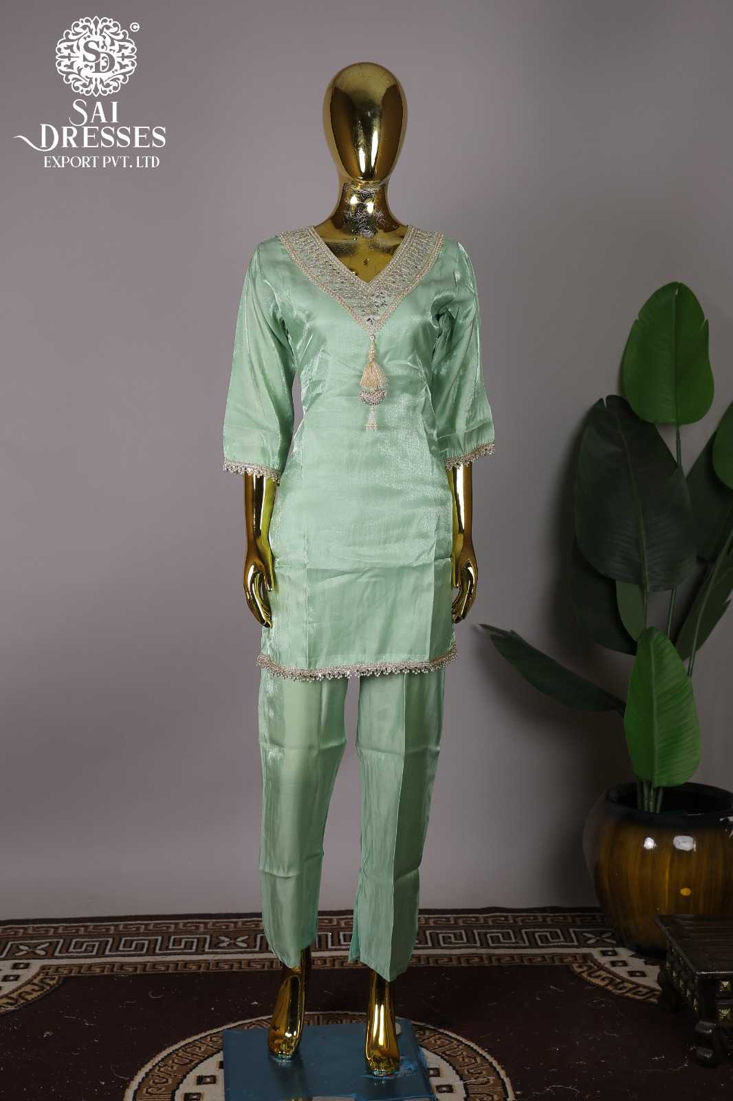 GLASS ROMAN WITH HEAVY NECK WORK V-NECK DESIGNER KURTI PANT SET IN MINT GREEN