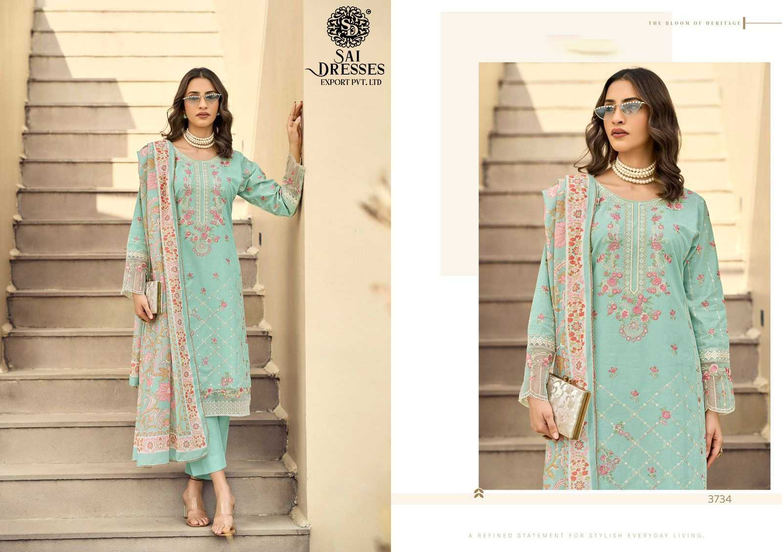 HEAVY COTTON WITH EMBROIDERY WORK SEA GREEN DESIGNER SUIT SET WITH PRINTED DUPATTA