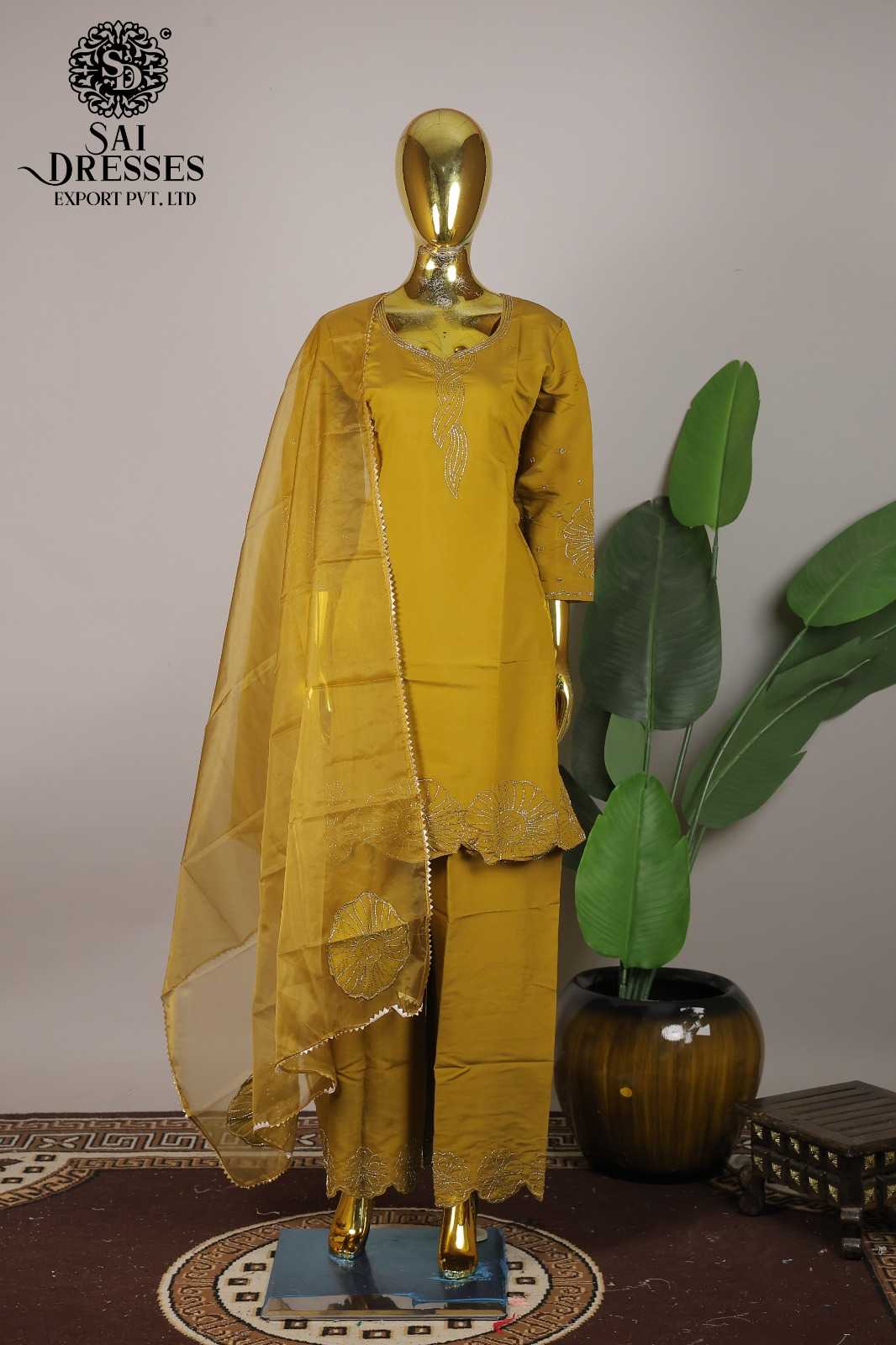 MUSTARD ROMAN SILK HEAVY HAND WORK KURTI PANT WITH DUPATTA SET