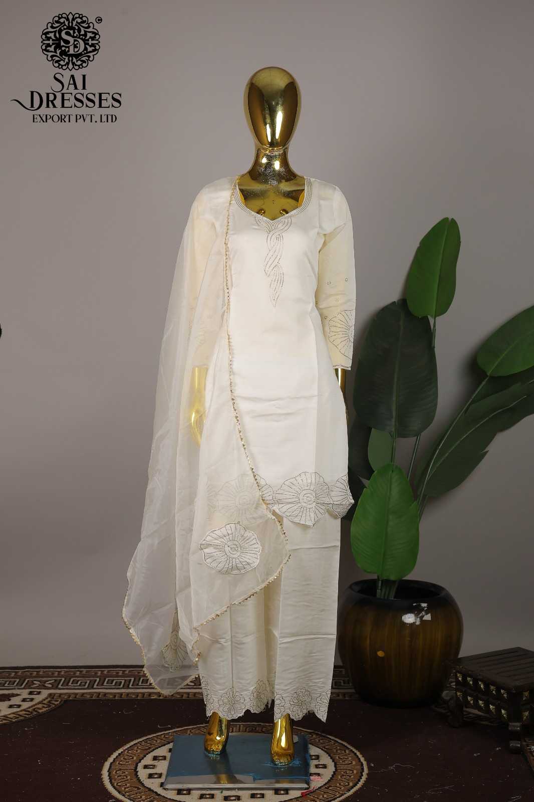 OFF WHITE ROMAN SILK HEAVY HAND WORK KURTI PANT WITH DUPATTA SET