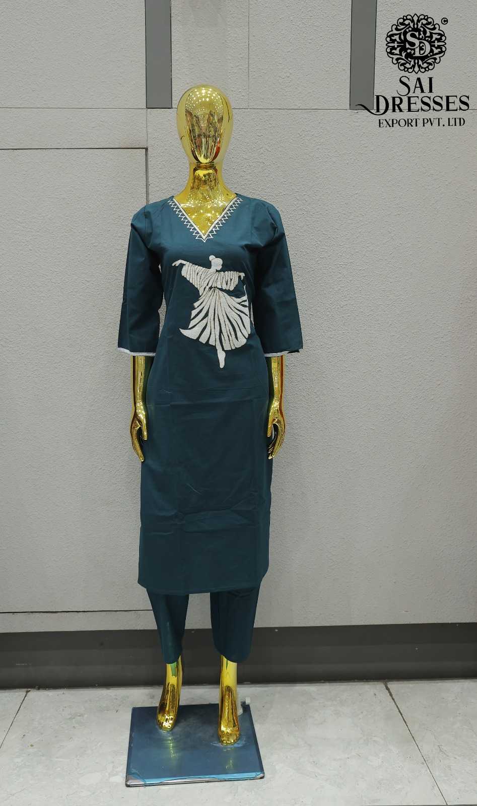 PURE COTTON WITH EMBROIDERY WORK DESIGNER TOP BOTTOM SET IN TEAL BLUE