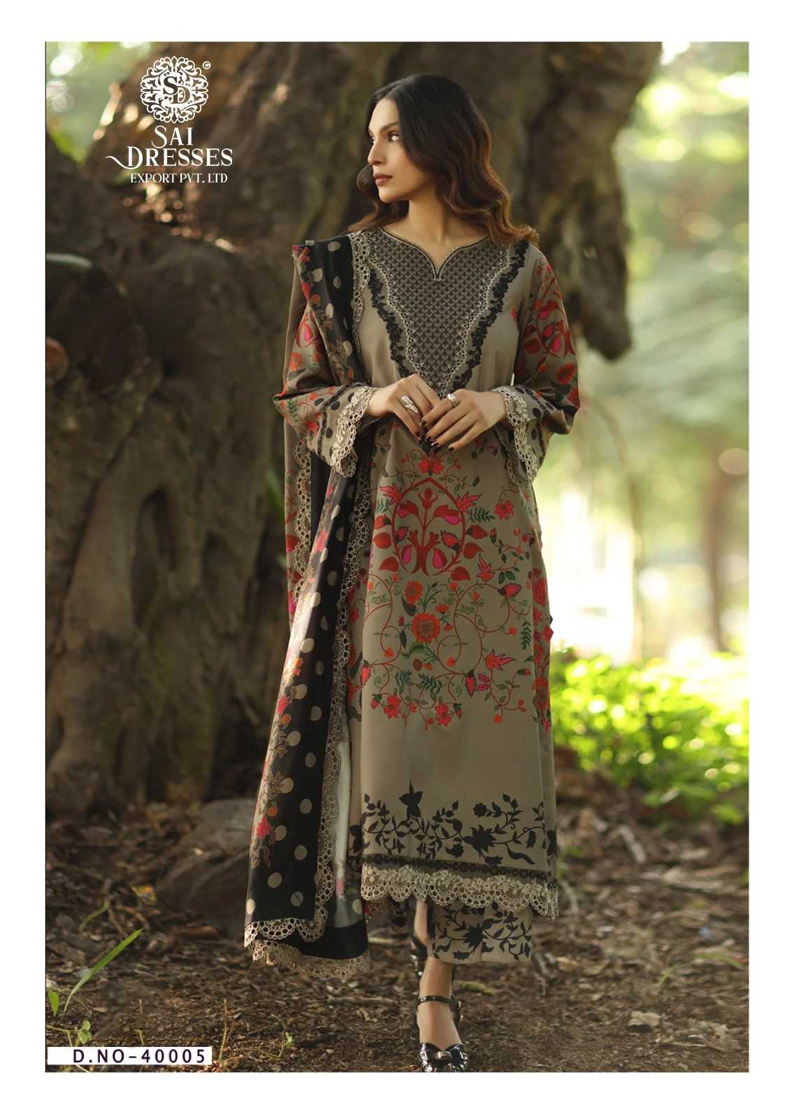 PURE COTTON WITH HEAVY GPO LACE TAUPE AND BLACK FLORAL DESIGNER SUIT SET WITH DUPATTA