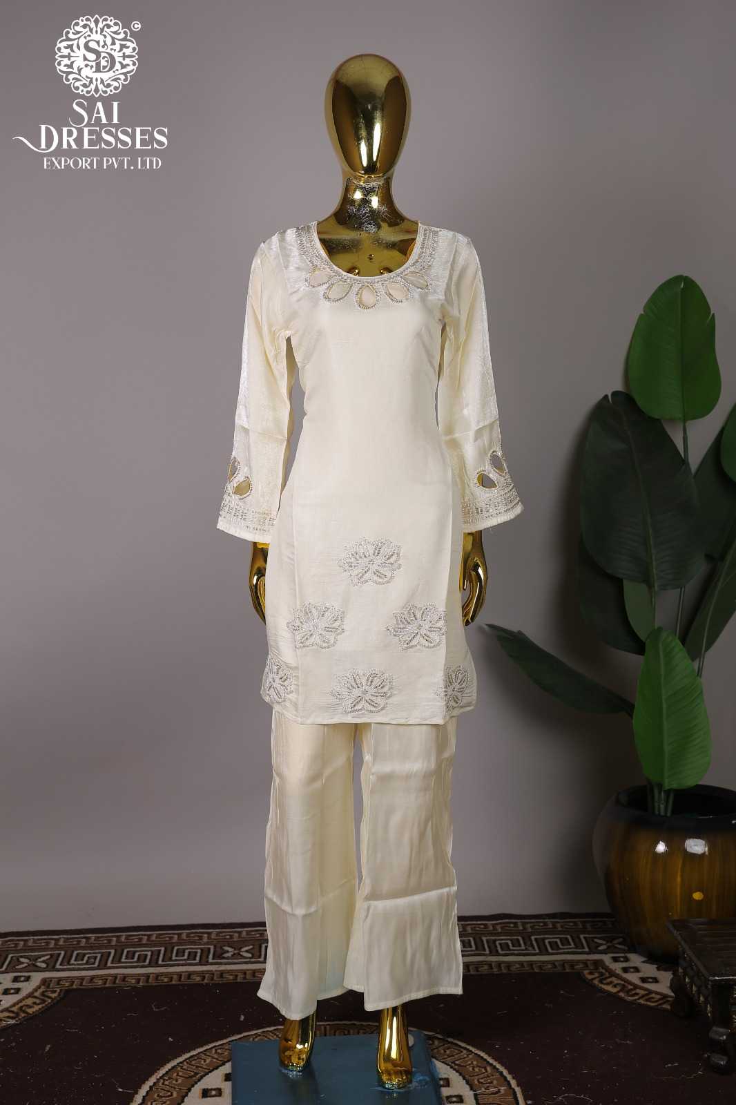 PURE GLASS ORGANZA HEAVY HANDWORK DESIGNER KURTI PALAZZO SET IN OFF WHITE