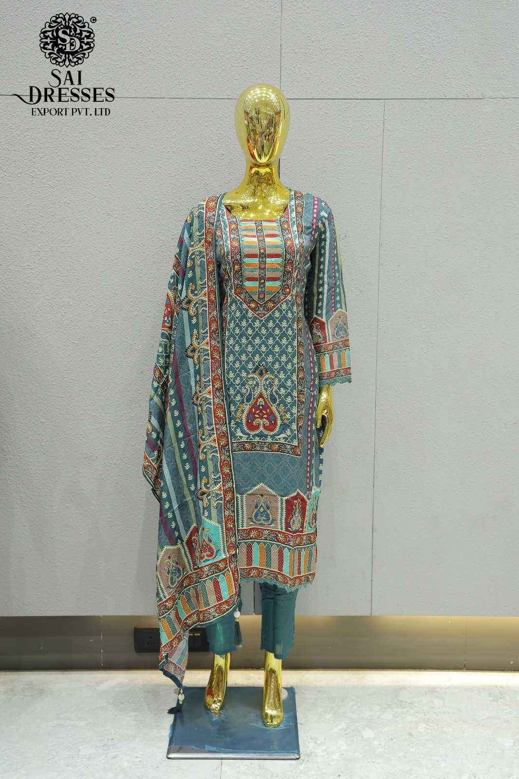 PURE MASLIN HEAVY HANDWORK DESIGNER SUIT SET IN TEAL GREEN WITH MULTICOLOR ETHNIC PRINT
