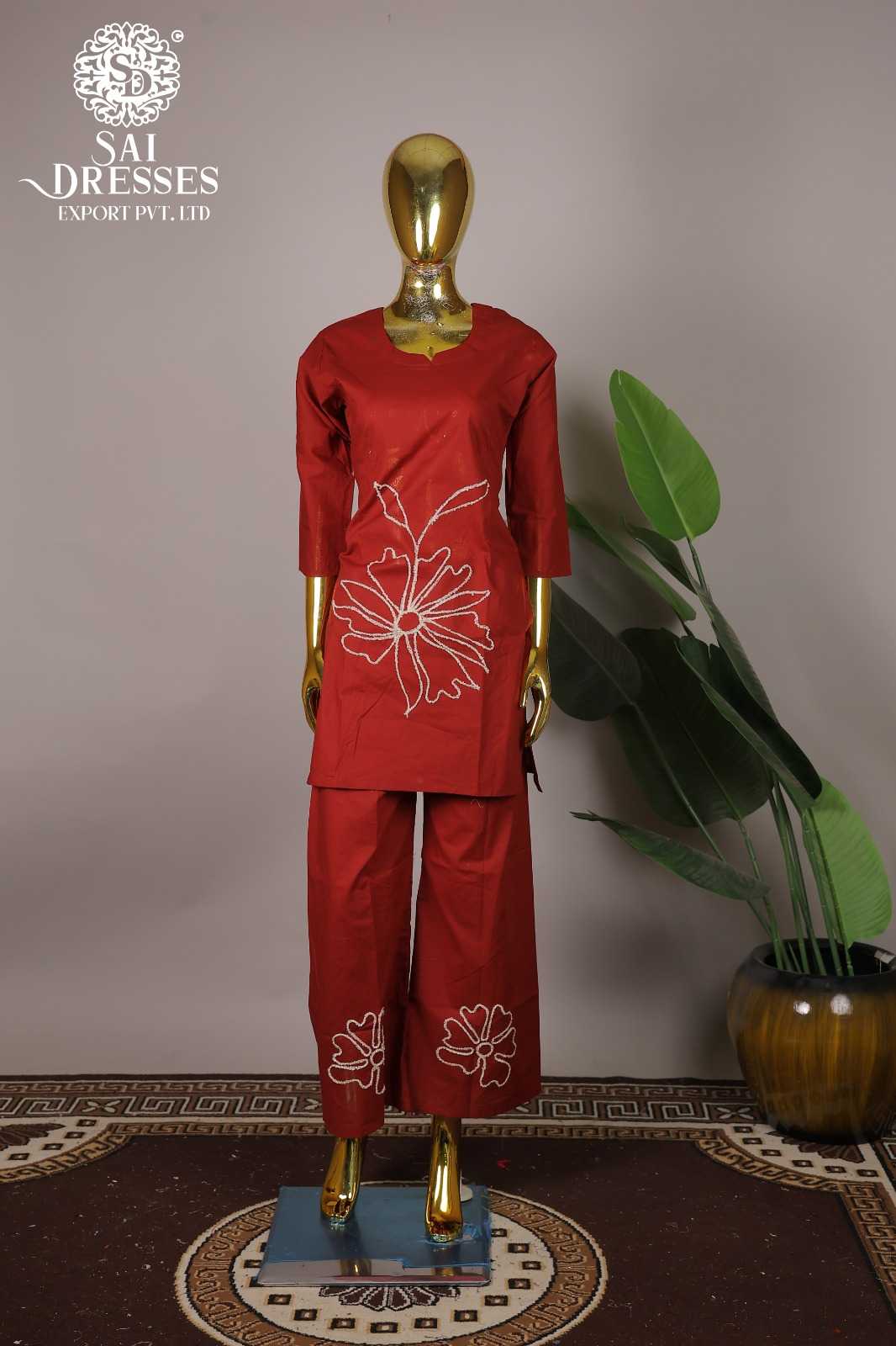 RED PURE COTTON EMBROIDERY WORK DESIGNER KURTI PANT SET FOR WOMEN