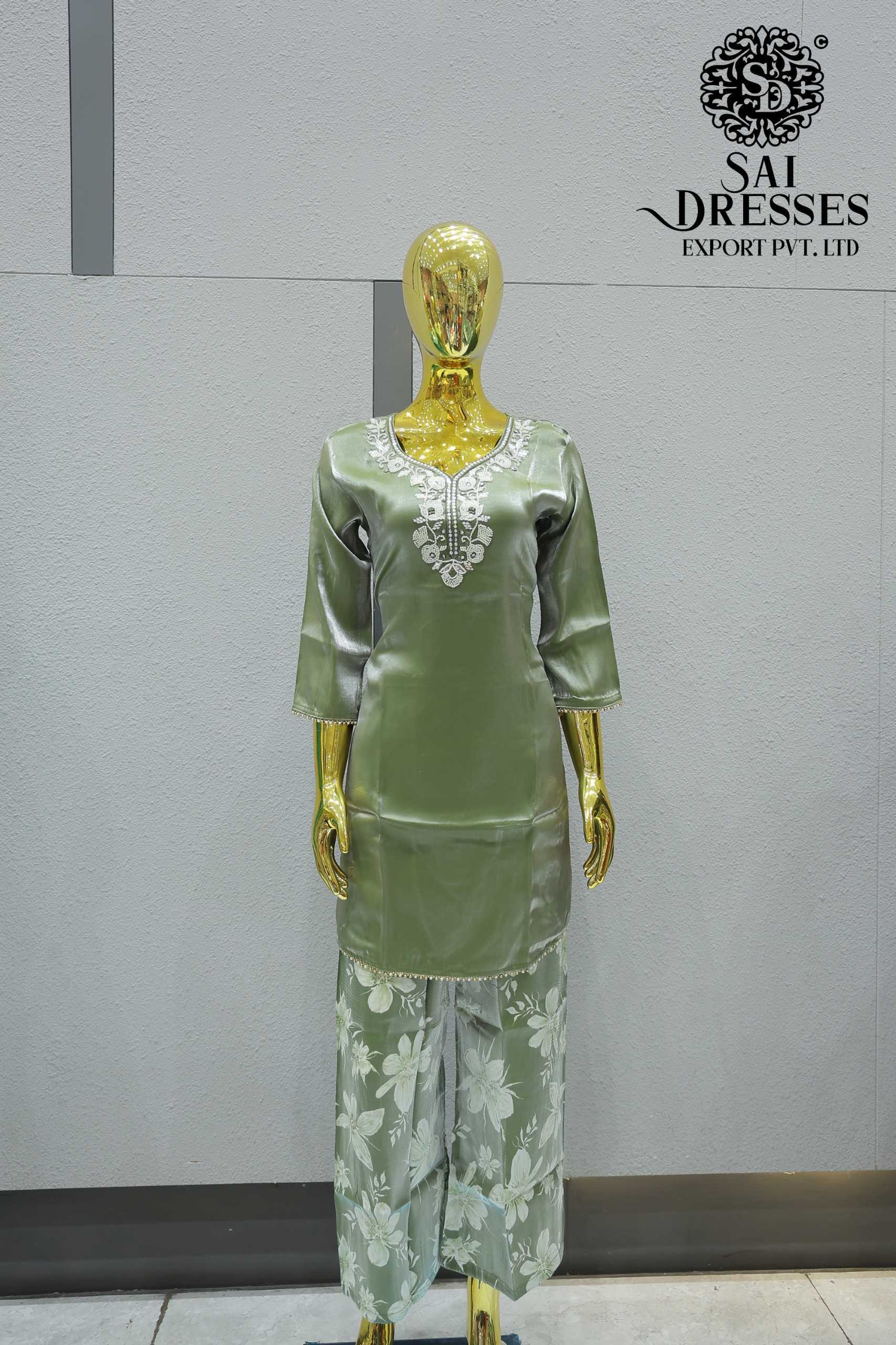 SAGE GREEN PURE JIMMY CHOO HEAVY HANDWORK KURTI PALAZZO SET