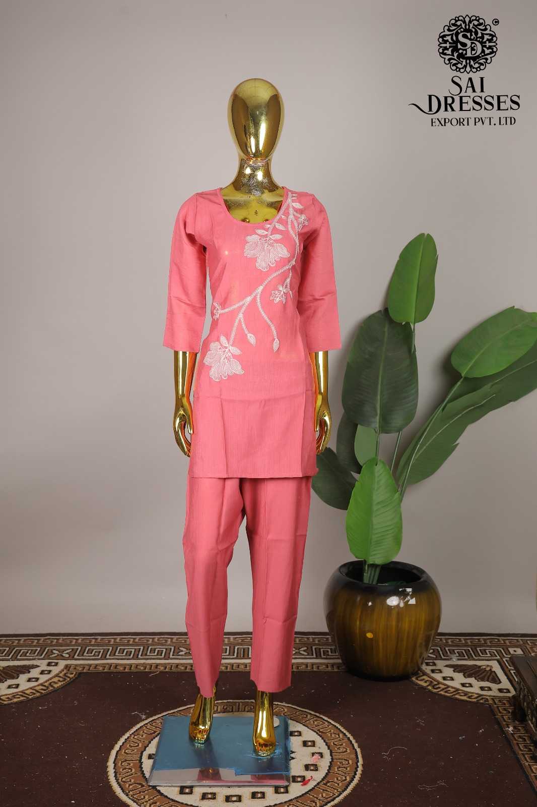 VARTICAN ROMAN WITH EMBROIDERY WORK DESIGNER TOP BOTTOM SET IN CORAL PINK