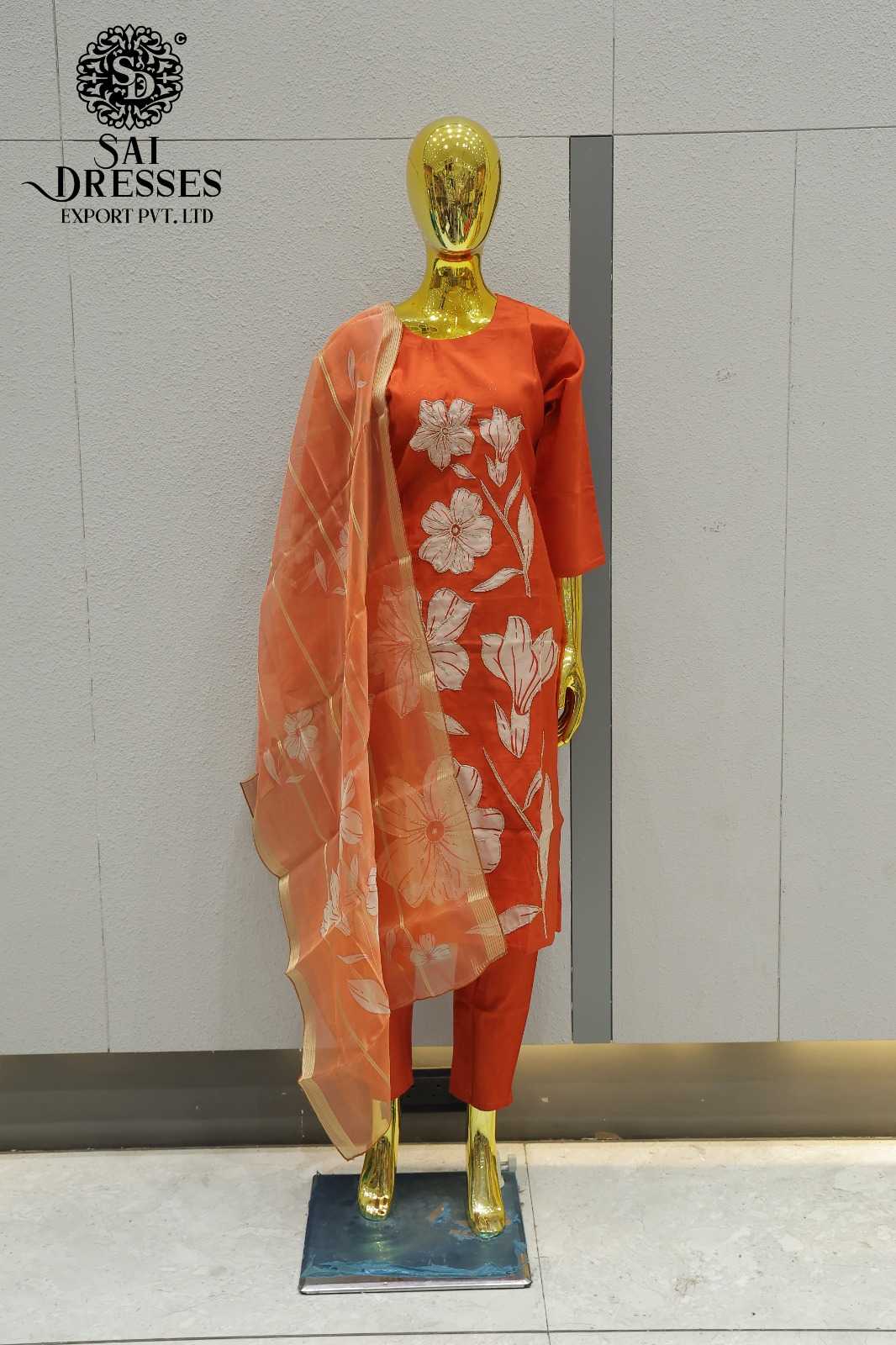 VATICAN SILK HEAVY PATCH WORK DESIGNER KURTI PANT DUPATTA SET IN ORANGE