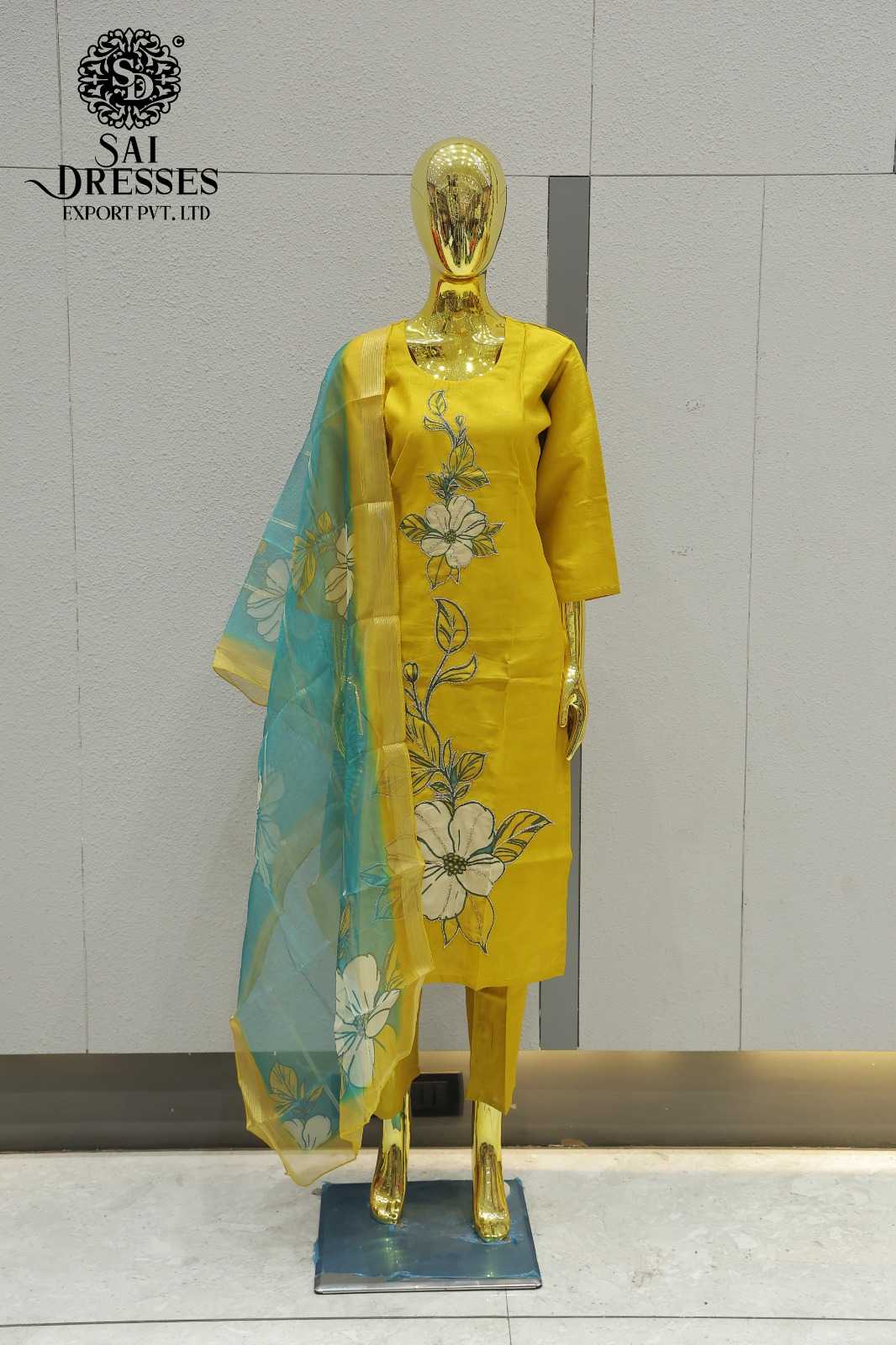 VATICAN SILK HEAVY PATCH WORK DESIGNER KURTI PANT DUPATTA SET IN YELLOW