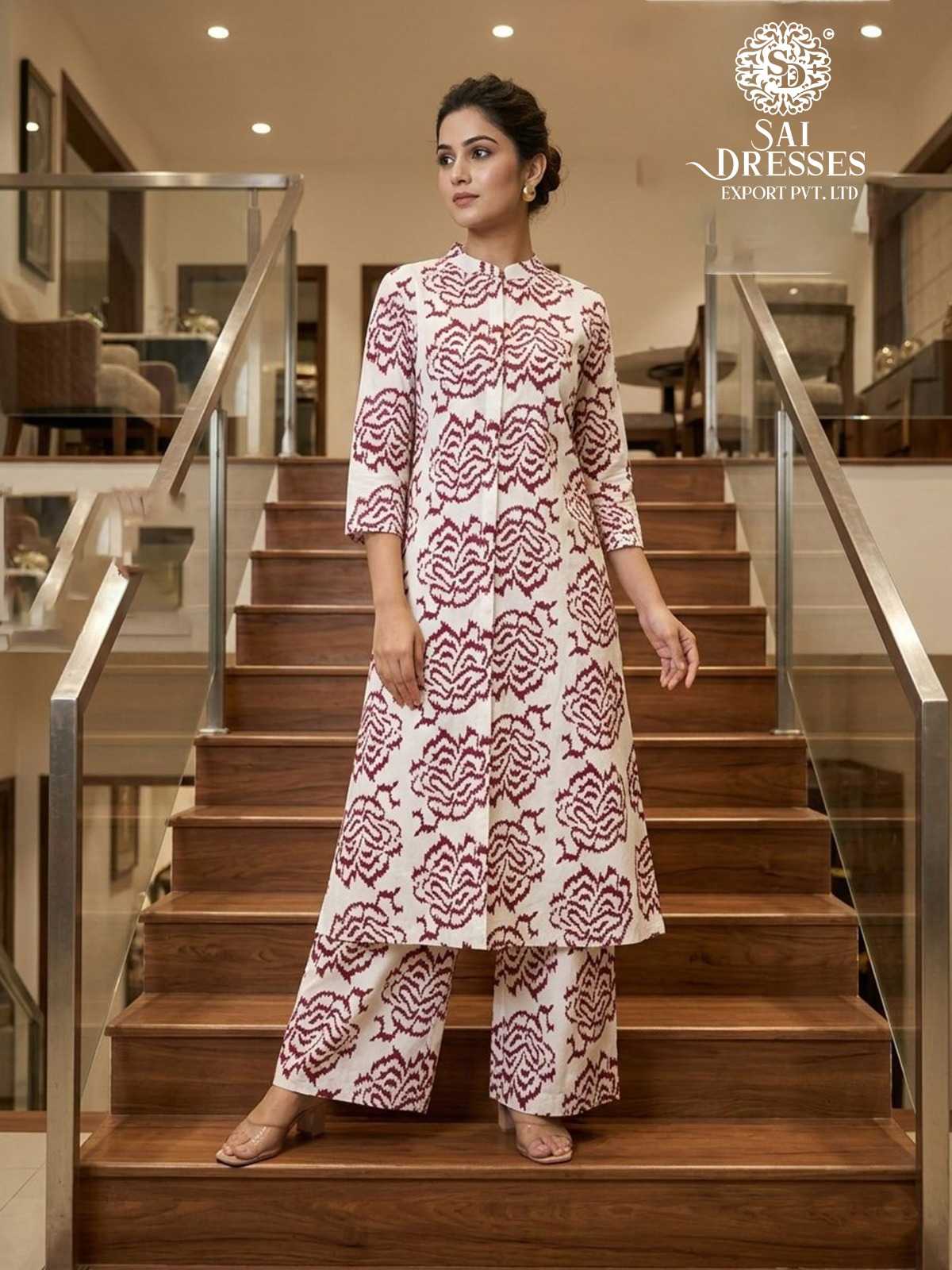 WOMEN’S COTTON FLEX DIGITAL PRINT KURTI WITH PANT CO-ORD SET IN OFF WHITE AND MAROON