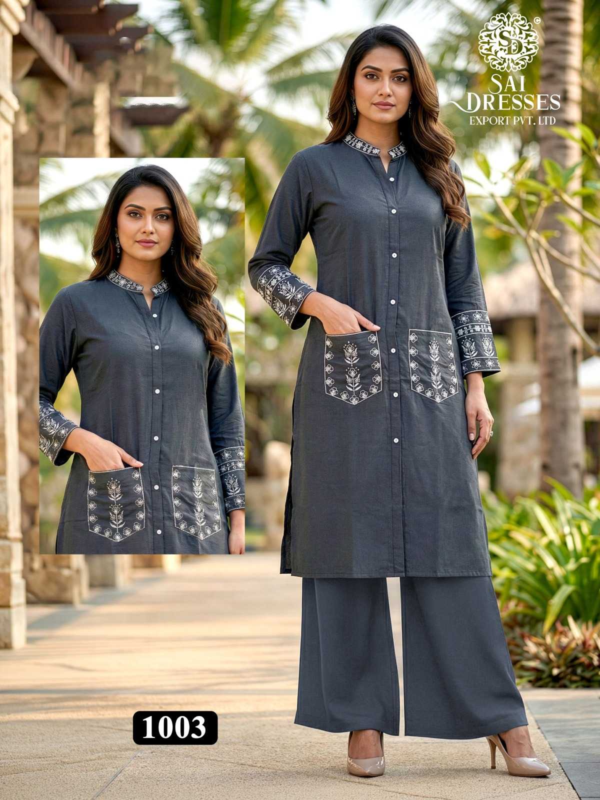 WOMEN’S HEAVY REYON EMBROIDERED KURTI WITH PANT CO-ORD SET IN CHARCOAL GREY