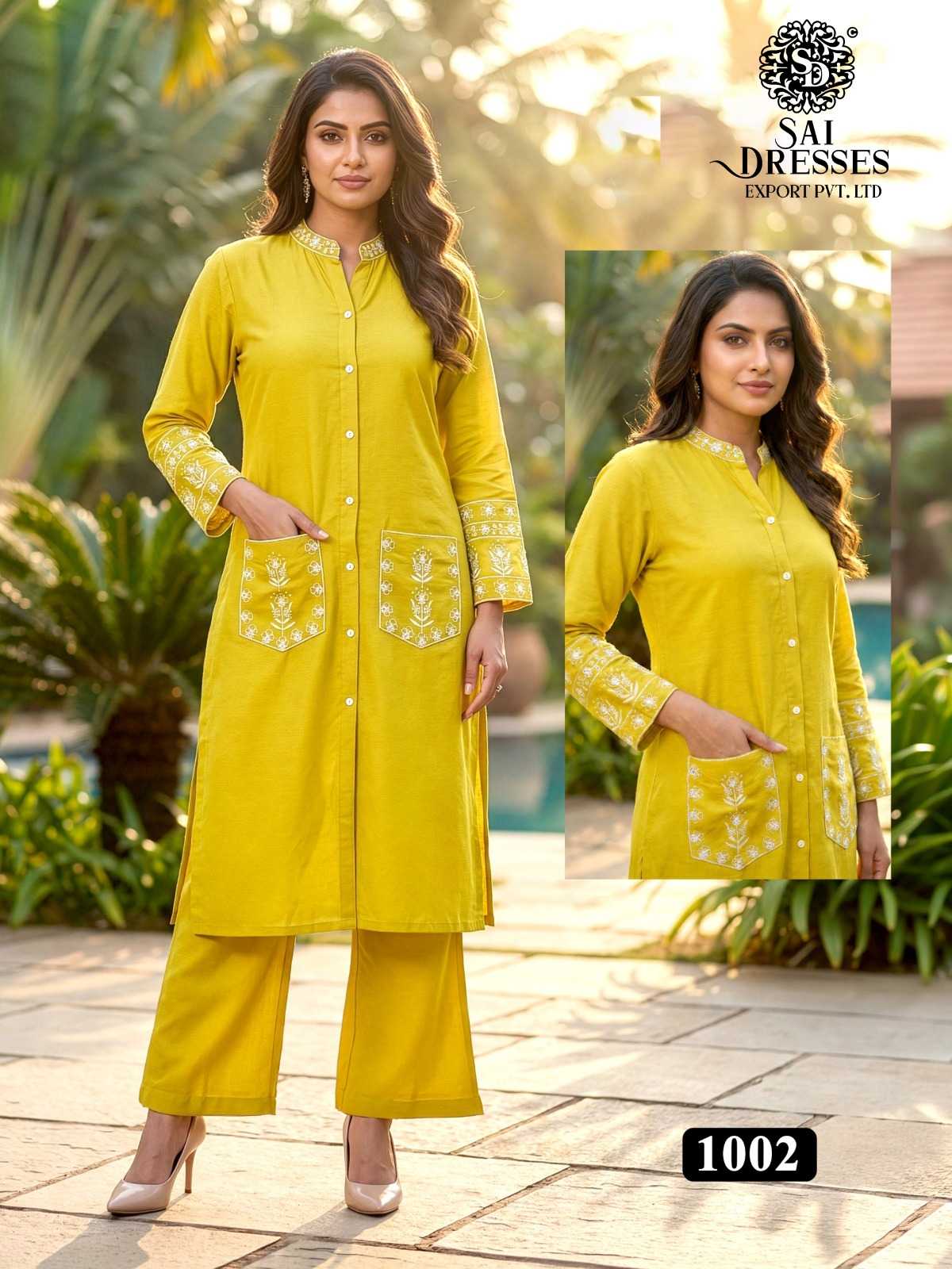 WOMEN’S HEAVY REYON EMBROIDERED KURTI WITH PANT CO-ORD SET IN MUSTARD YELLOW