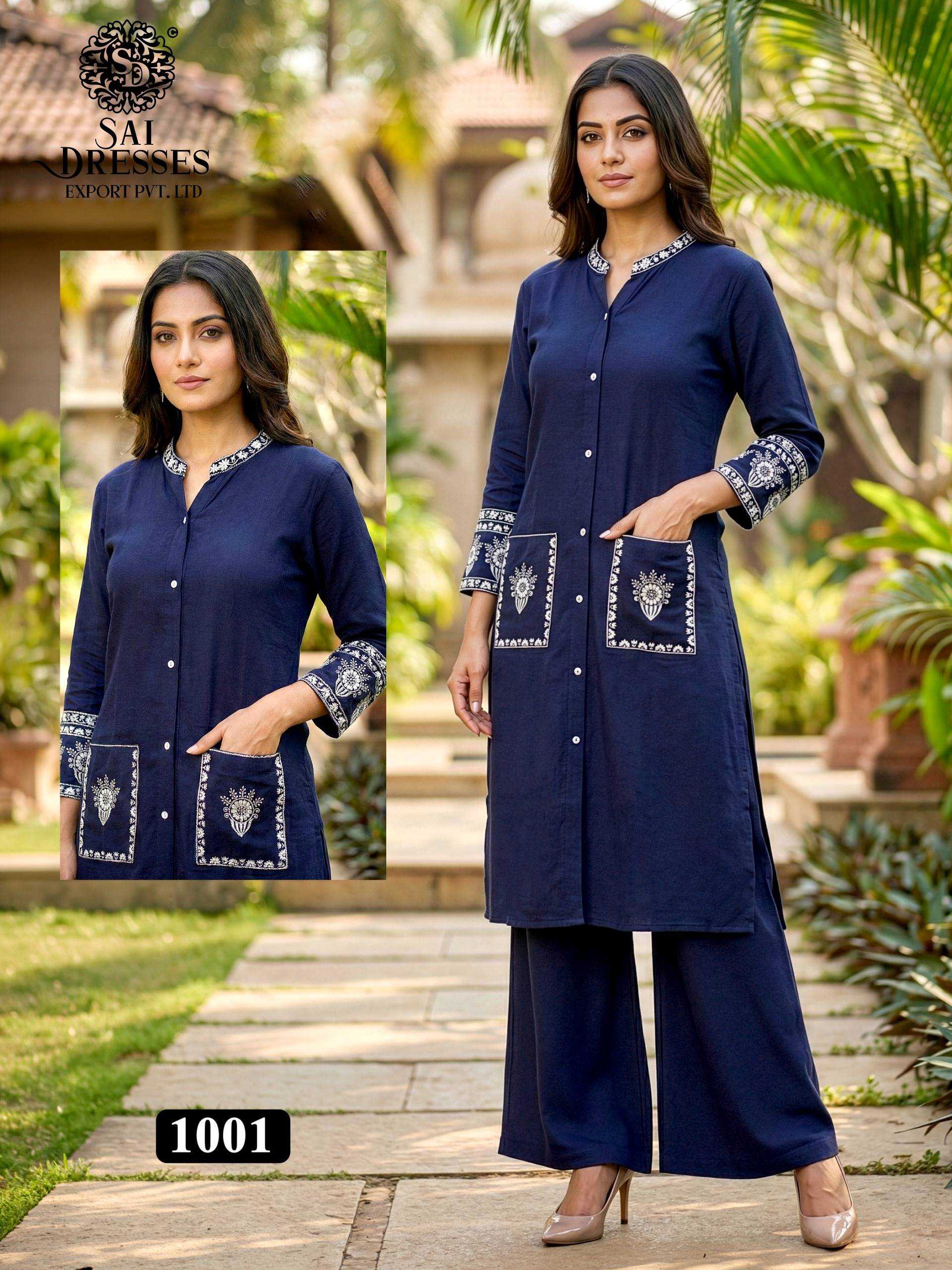 WOMEN’S HEAVY REYON EMBROIDERED KURTI WITH PANT CO-ORD SET IN NAVY BLUE