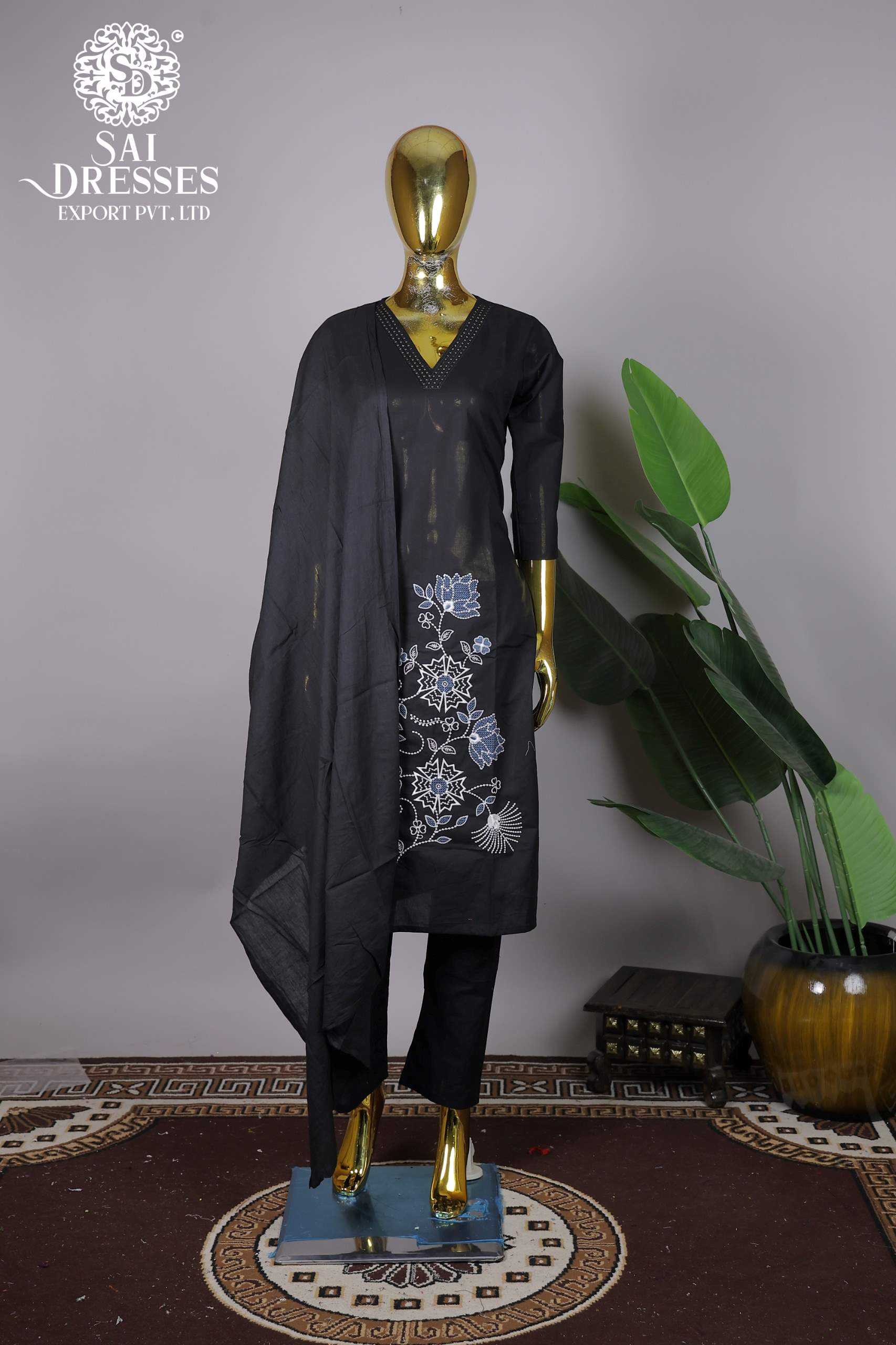 WOMEN'S PURE COTTON EMBROIDERED KURTA PANT DUPATTA SET - BLACK