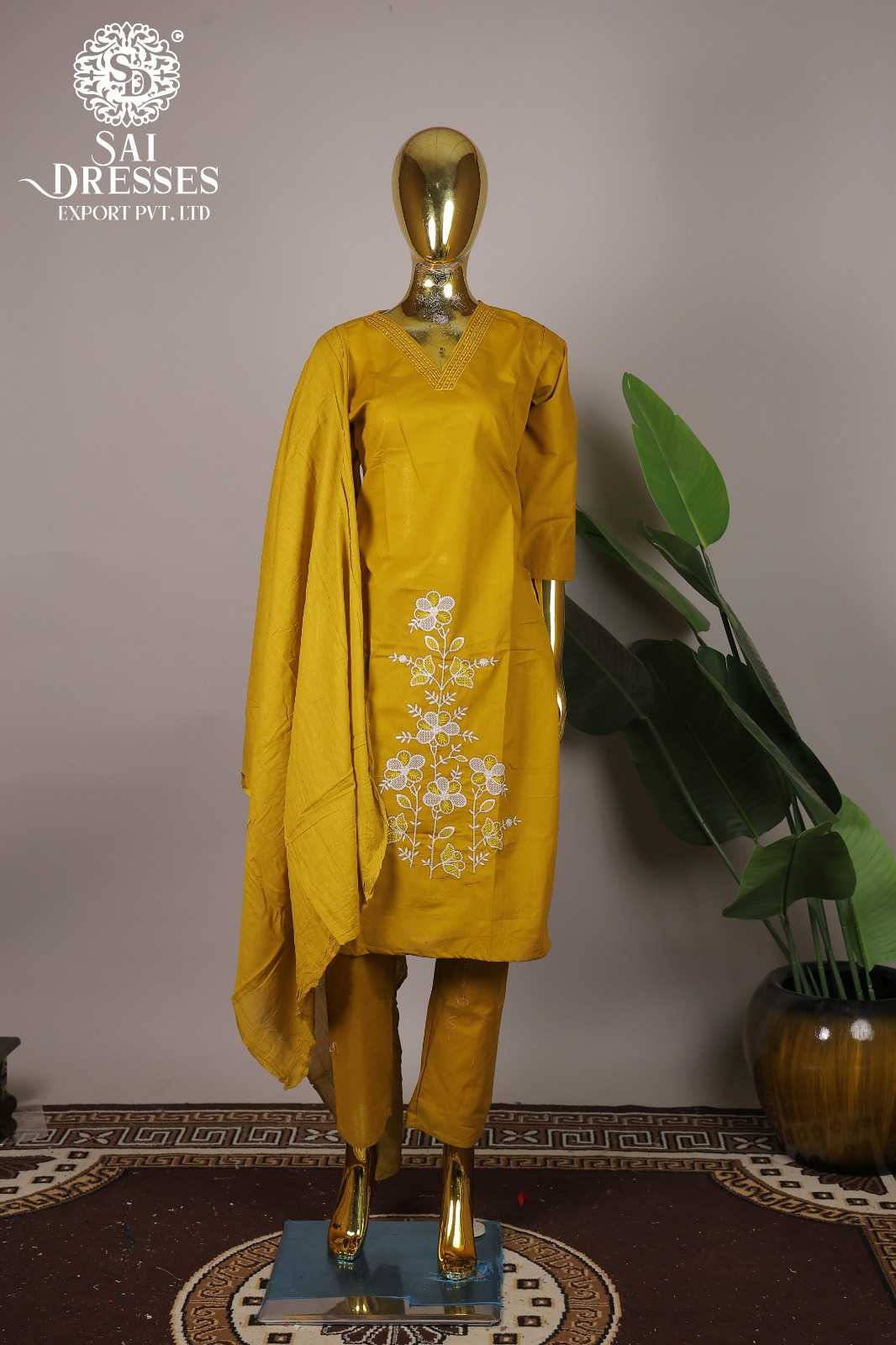 WOMEN'S PURE COTTON EMBROIDERED KURTA PANT DUPATTA SET - MUSTARD