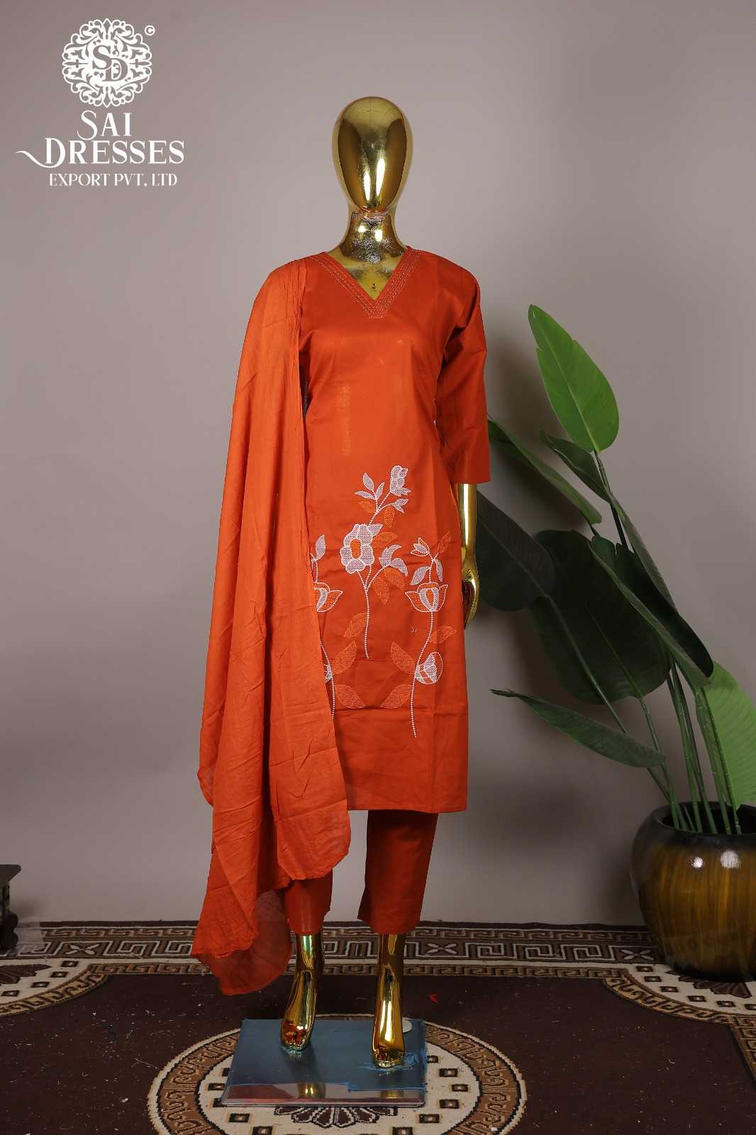 WOMEN'S PURE COTTON EMBROIDERED KURTA PANT DUPATTA SET - ORANGE