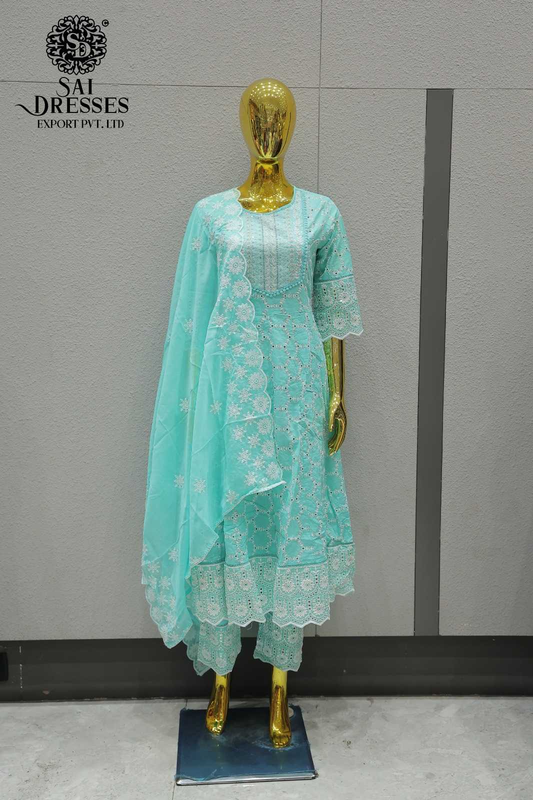 WOMEN'S PURE COTTON HEAVY EMBROIDERY AND BORING WORK STRAIGHT KURTI WITH PANT AND DUPATTA SET IN AQUA GREEN