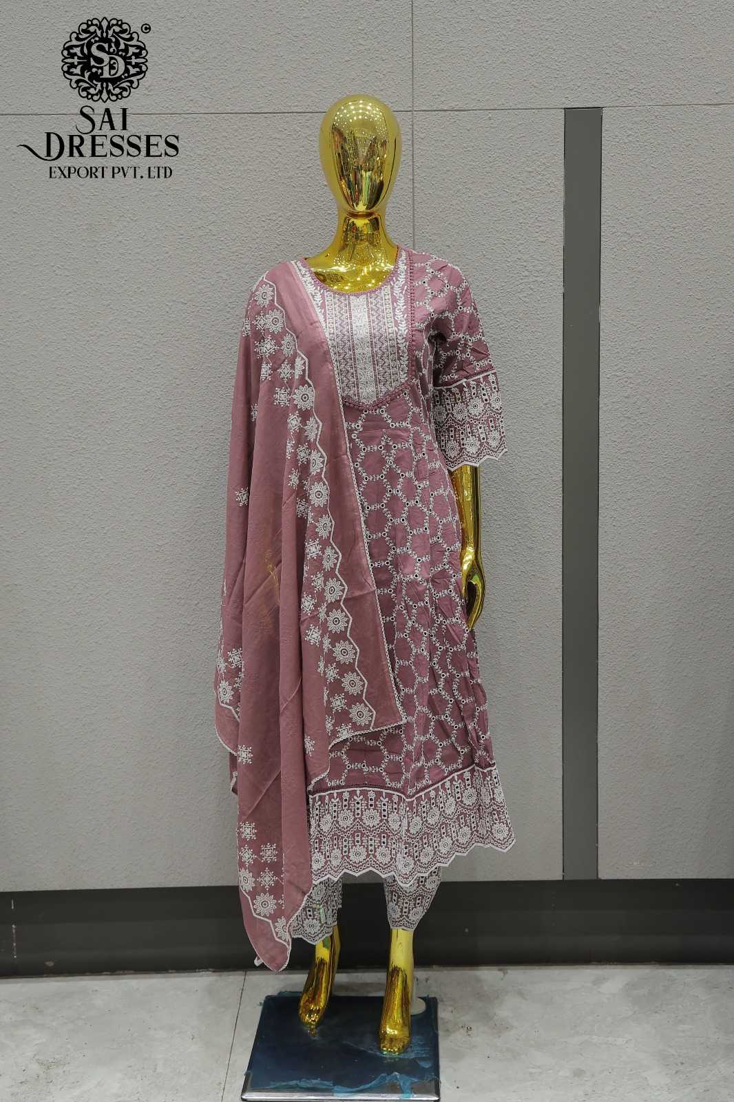 WOMEN'S PURE COTTON HEAVY EMBROIDERY AND BORING WORK STRAIGHT KURTI WITH PANT AND DUPATTA SET IN DUSTY PINK