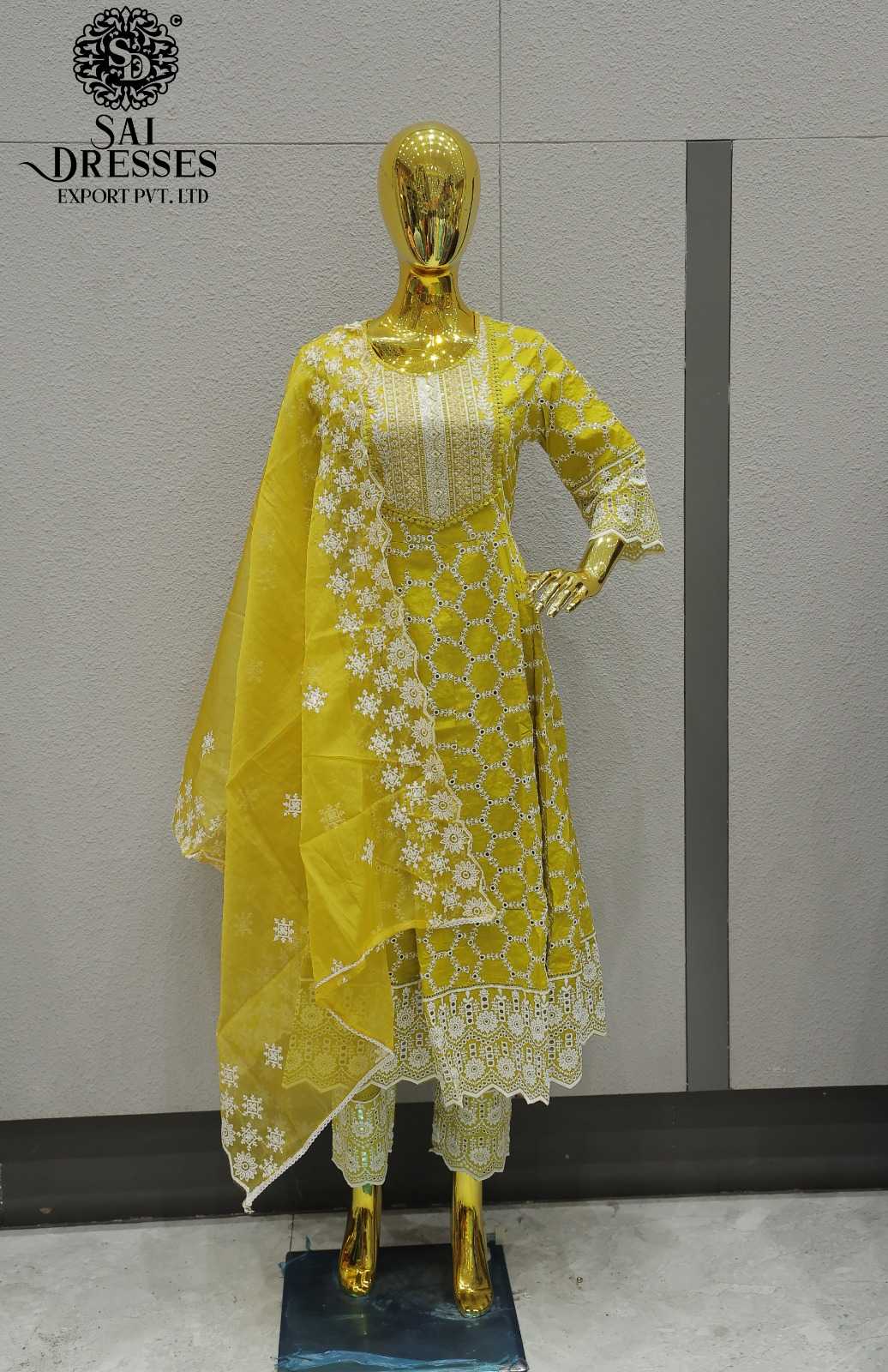 WOMEN'S PURE COTTON HEAVY EMBROIDERY AND BORING WORK STRAIGHT KURTI WITH PANT AND DUPATTA SET IN MUSTARD YELLOW