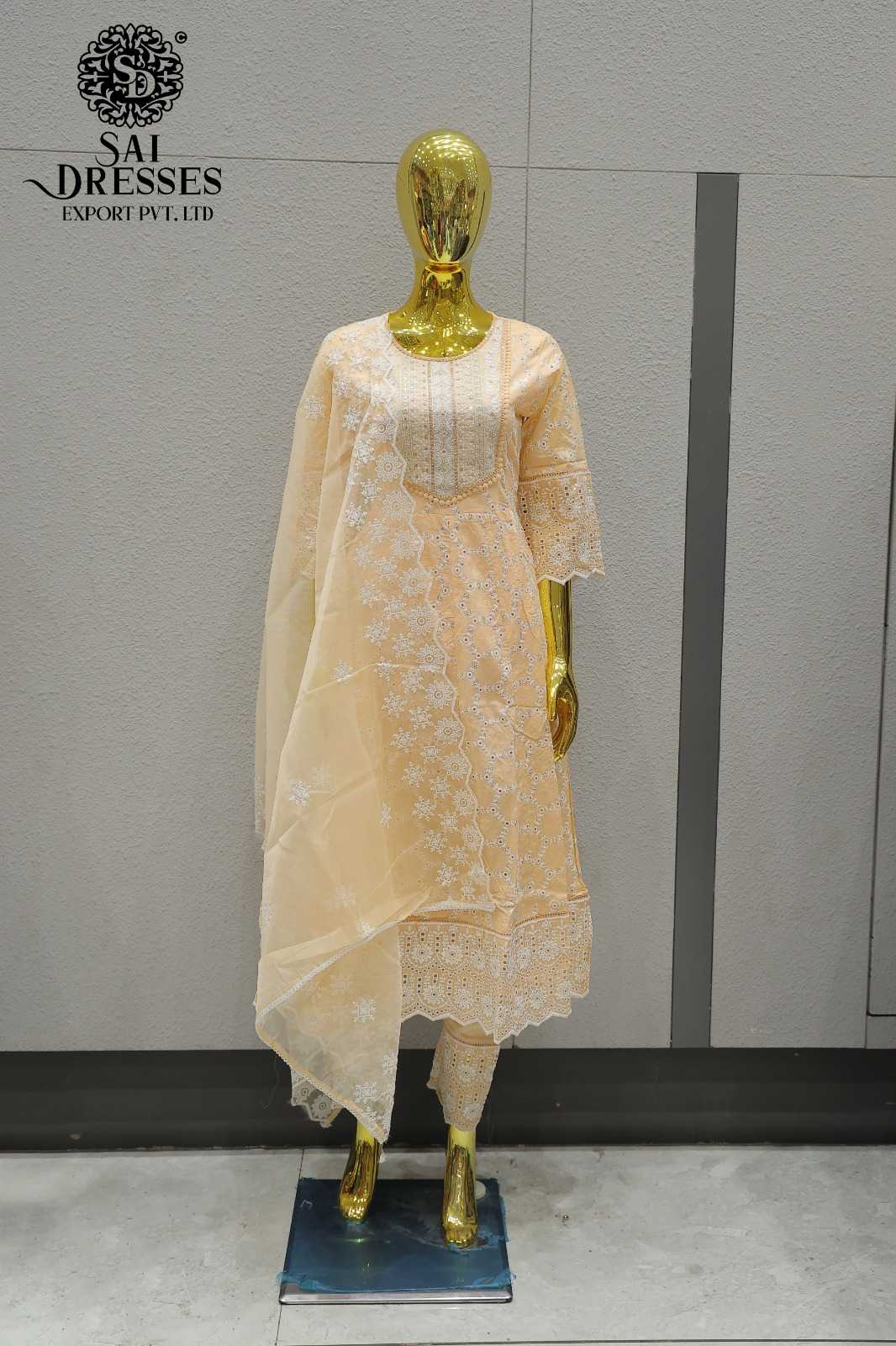 WOMEN'S PURE COTTON HEAVY EMBROIDERY AND BORING WORK STRAIGHT KURTI WITH PANT AND DUPATTA SET IN PEACH