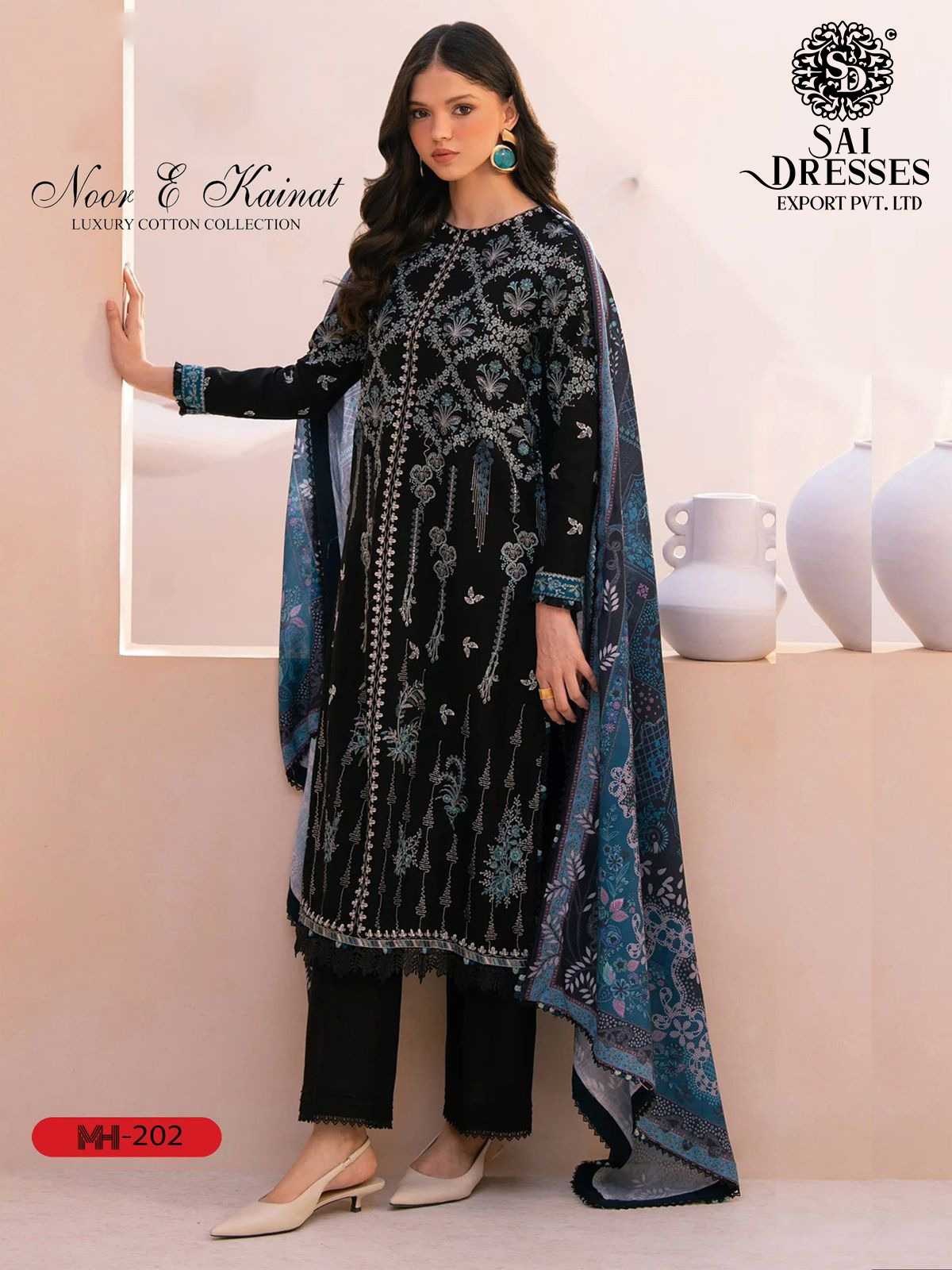 WOMEN'S PURE COTTON HEAVY GPO LACE KURTA PANT DUPATTA SET - BLACK BLUE