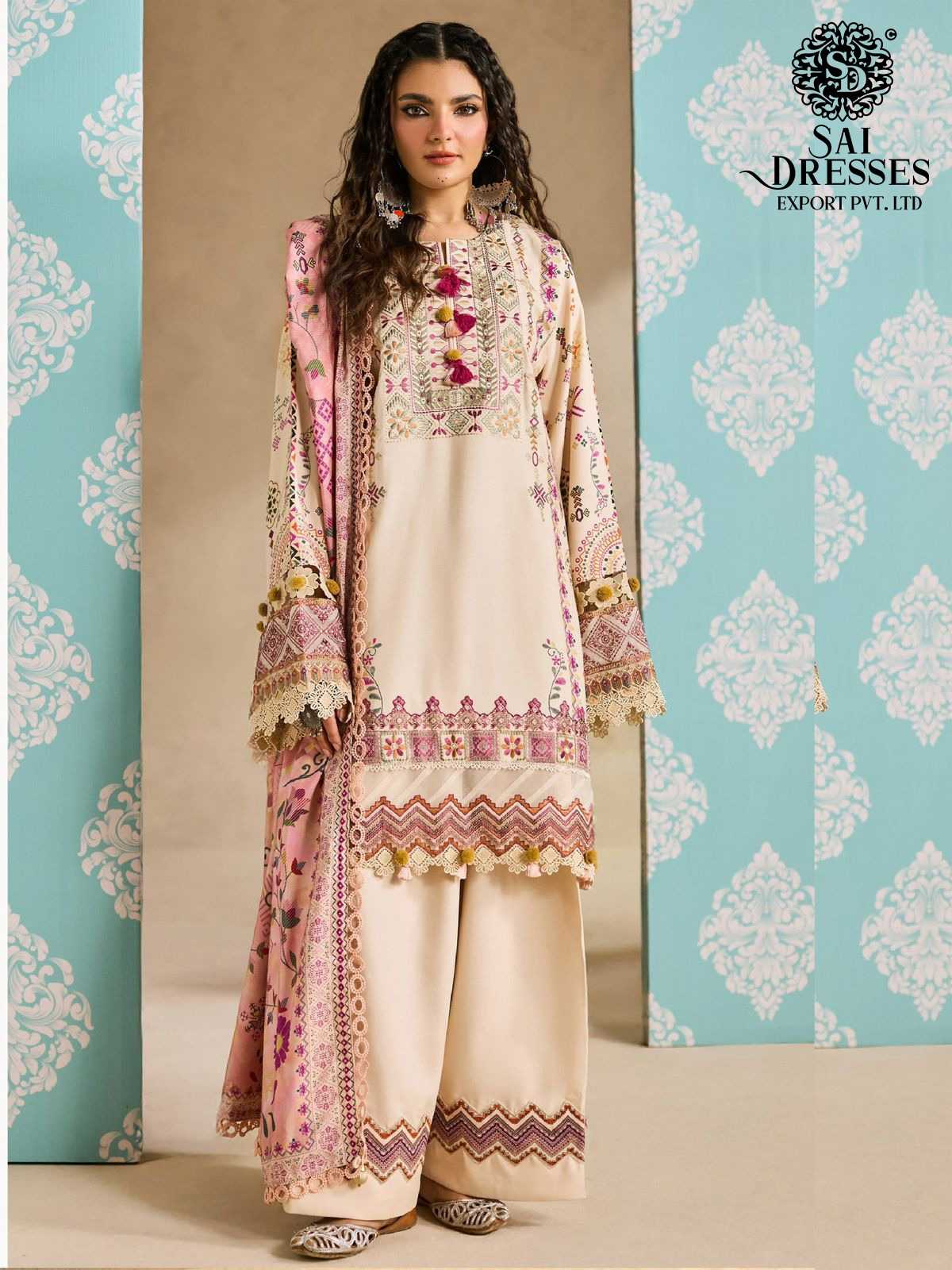 WOMEN'S PURE COTTON HEAVY GPO LACE KURTA PANT DUPATTA SET - CREAM PINK