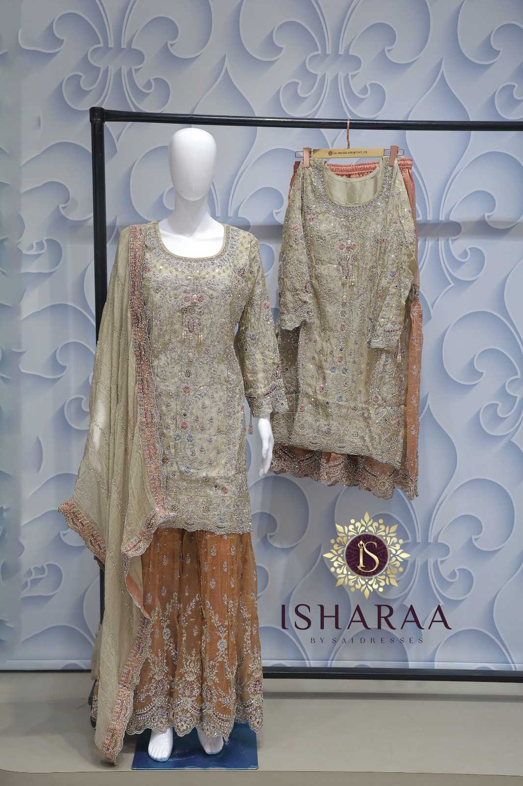 BEIGE GOLD HEAVY EMBROIDERED DESIGNER SHARARA SET WITH RICH FESTIVE DETAILING AND ELEGANT LUXURY FINISH