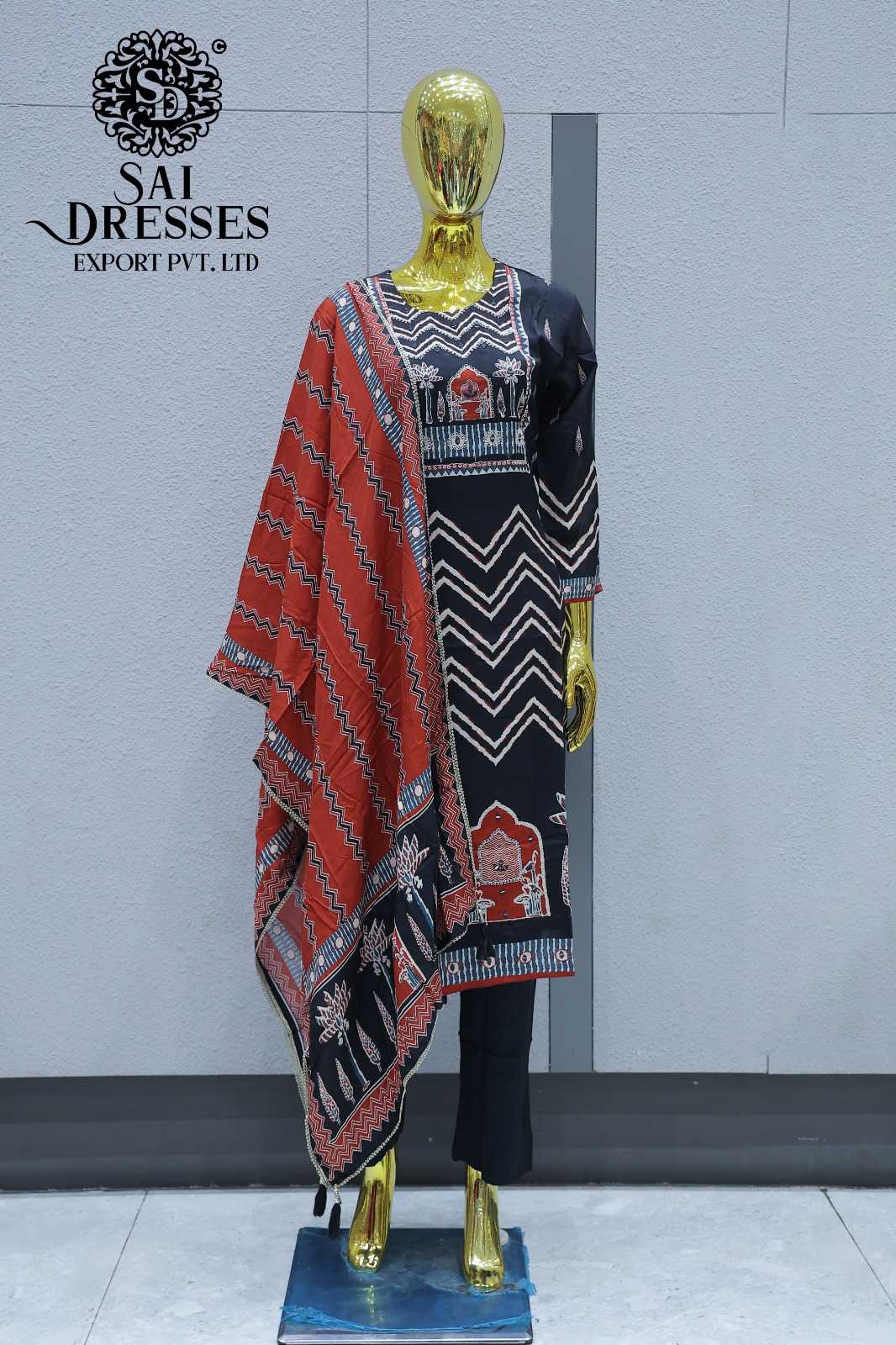 BLACK CHEVRON PRINTED DESIGNER STRAIGHT SUIT WITH RUST DUPATTA