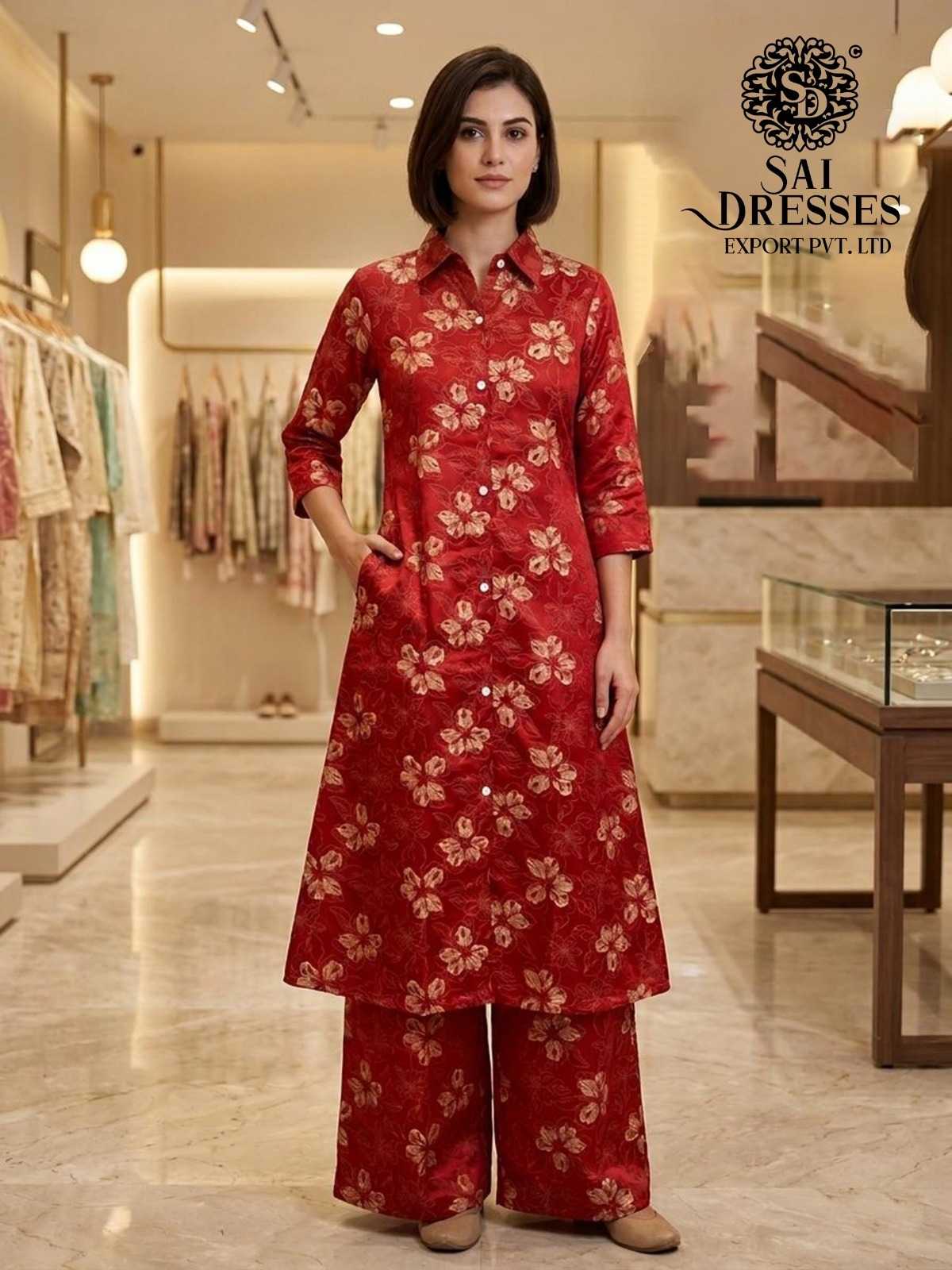 BRICK RED LIVA REYON FLORAL PRINTED KURTI PALAZZO SET