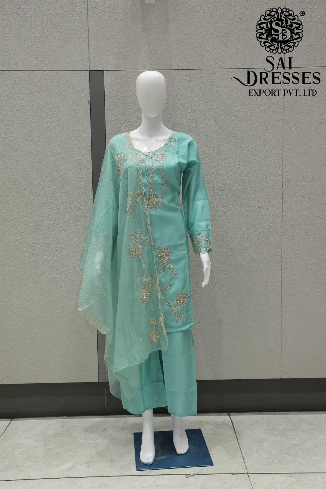 MINT GREEN GLASS ORGANZA DESIGNER SUIT WITH HEAVY EMBROIDERY WORK, MATCHING DUPATTA AND PALAZZO SET