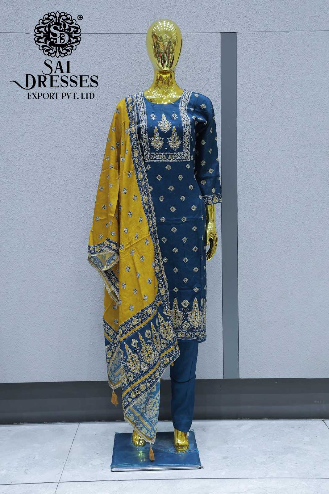 NAVY BLUE TRADITIONAL PRINTED DESIGNER SUIT WITH MUSTARD DUPATTA