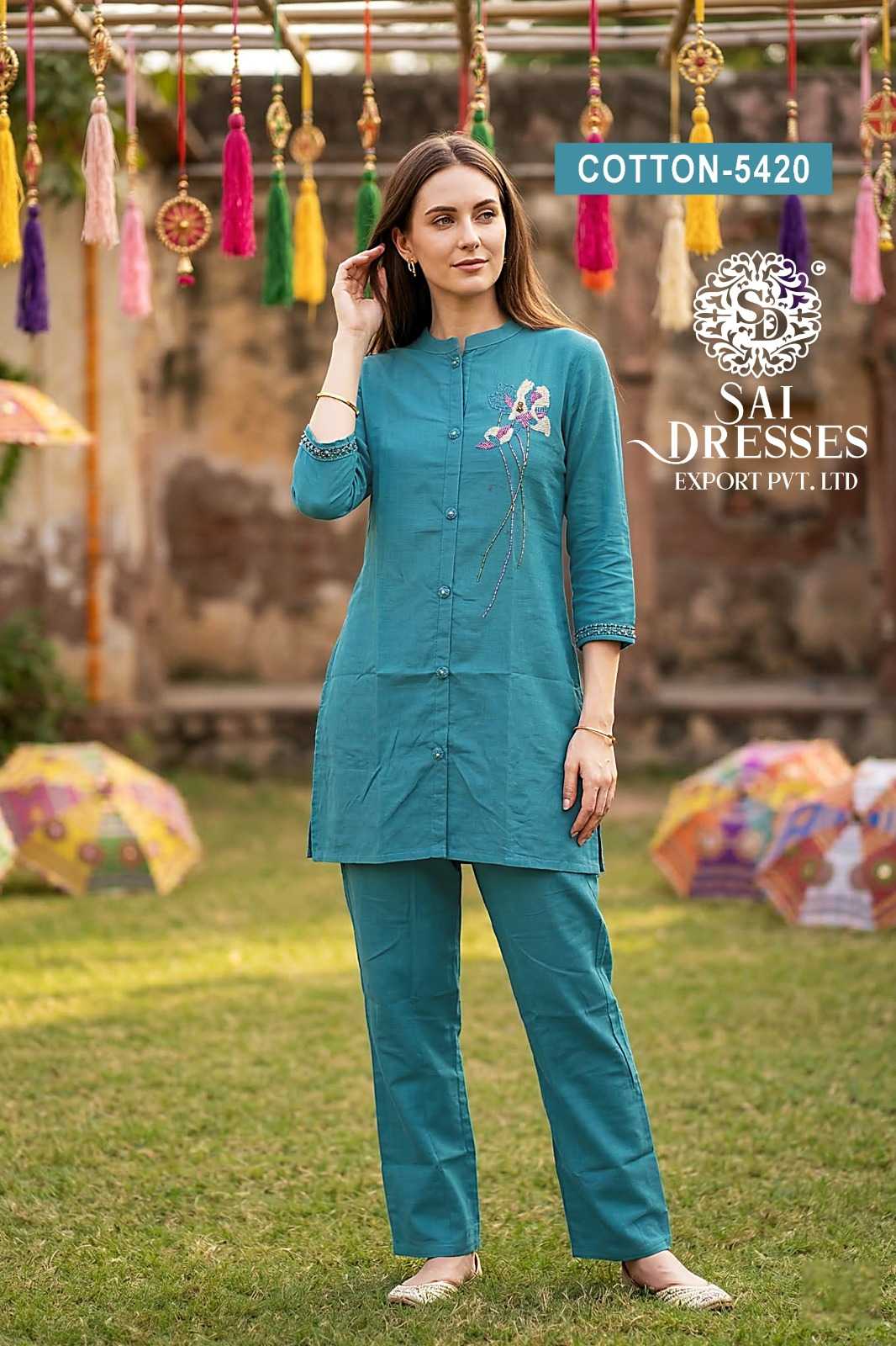 SLUB COTTON DESIGNER CO-ORD SET WITH FLORAL HAND WORK - TEAL BLUE