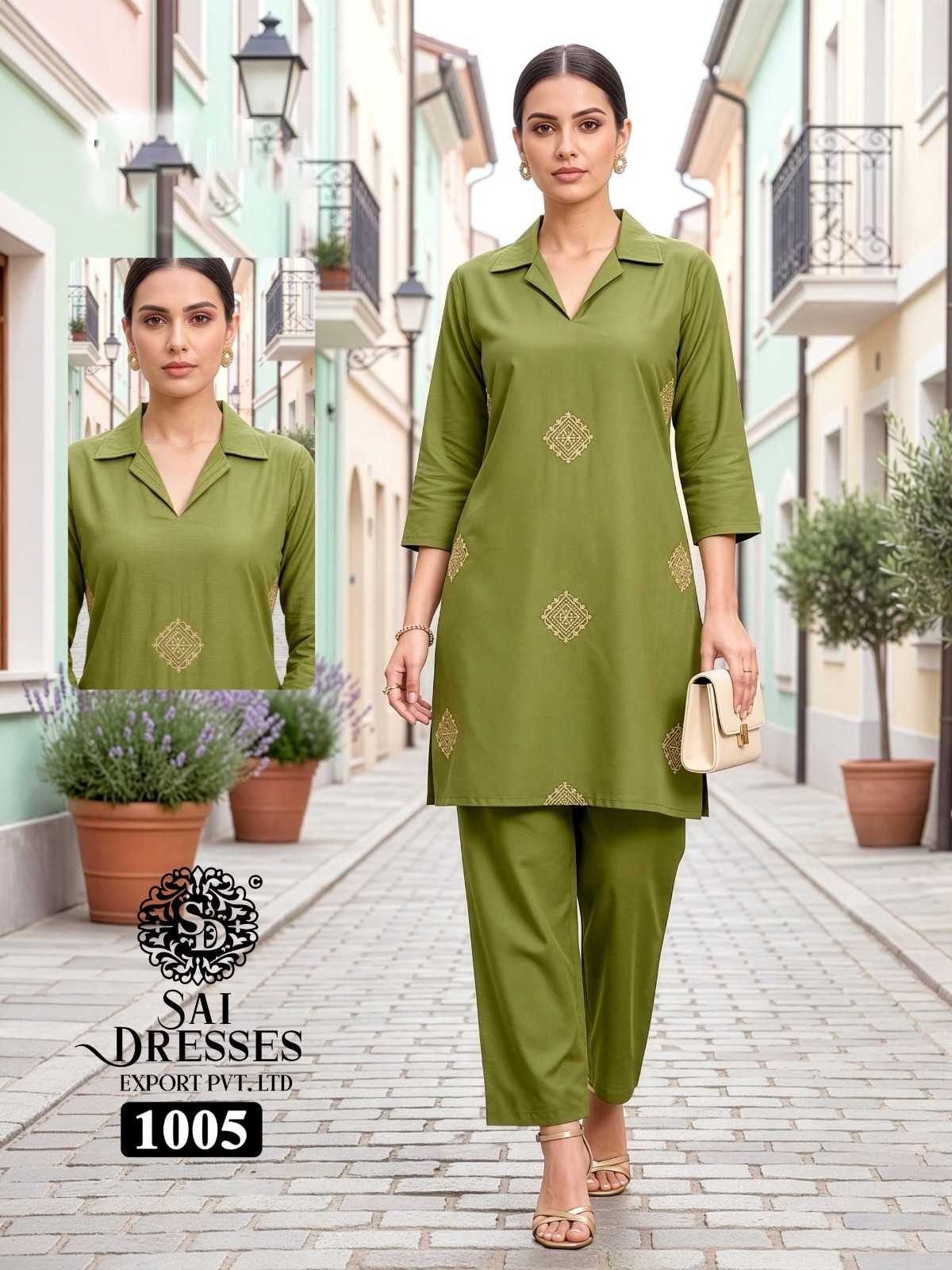 WOMEN’S HEAVY DHABU COTTON EMBROIDERY WORK STRAIGHT KURTI WITH PANT SET IN OLIVE GREEN
