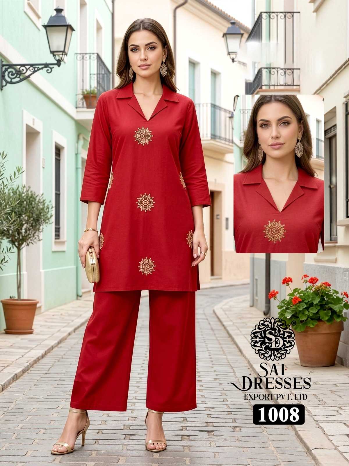 WOMEN’S HEAVY DHABU COTTON EMBROIDERY WORK STRAIGHT KURTI WITH PANT SET IN RED