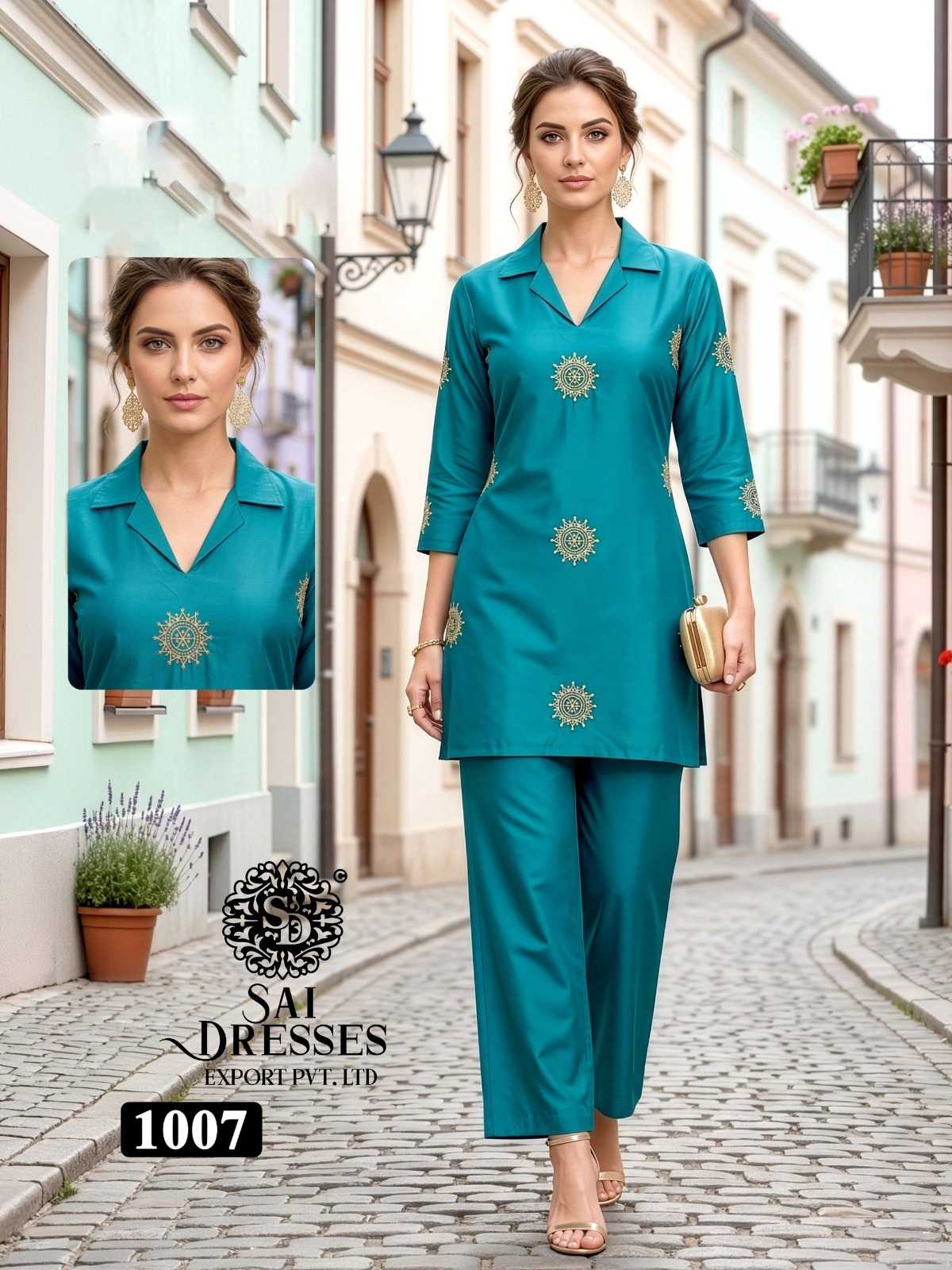 WOMEN’S HEAVY DHABU COTTON EMBROIDERY WORK STRAIGHT KURTI WITH PANT SET IN TURQUOISE BLUE