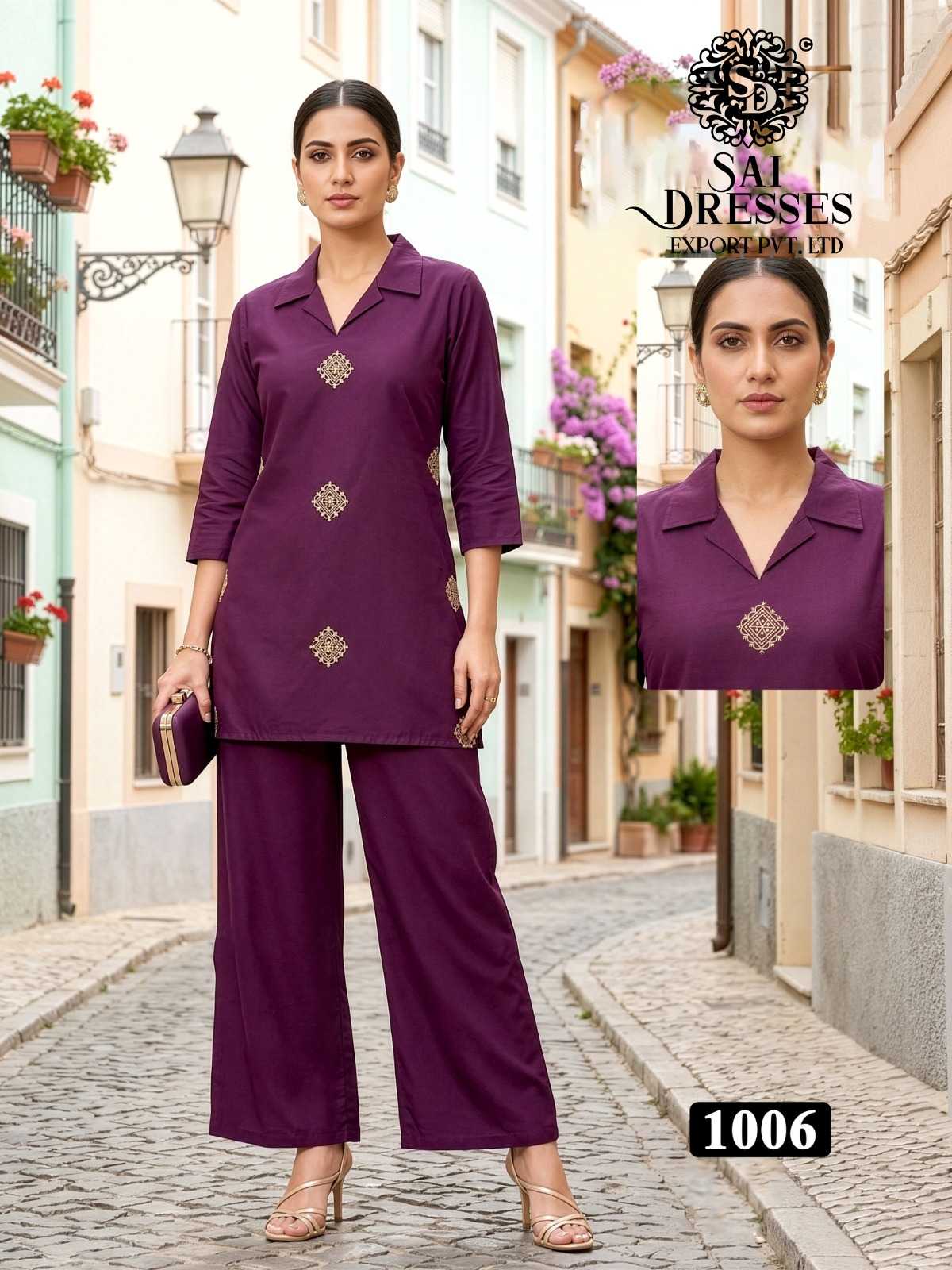 WOMEN’S HEAVY DHABU COTTON EMBROIDERY WORK STRAIGHT KURTI WITH PANT SET IN WINE PURPLE