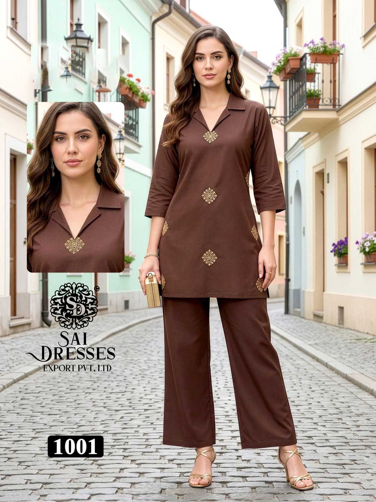 WOMEN'S HEAVY DHABU COTTON KURTI WITH EMBROIDERY WORK AND MATCHING PANT SET IN BROWN COLOR