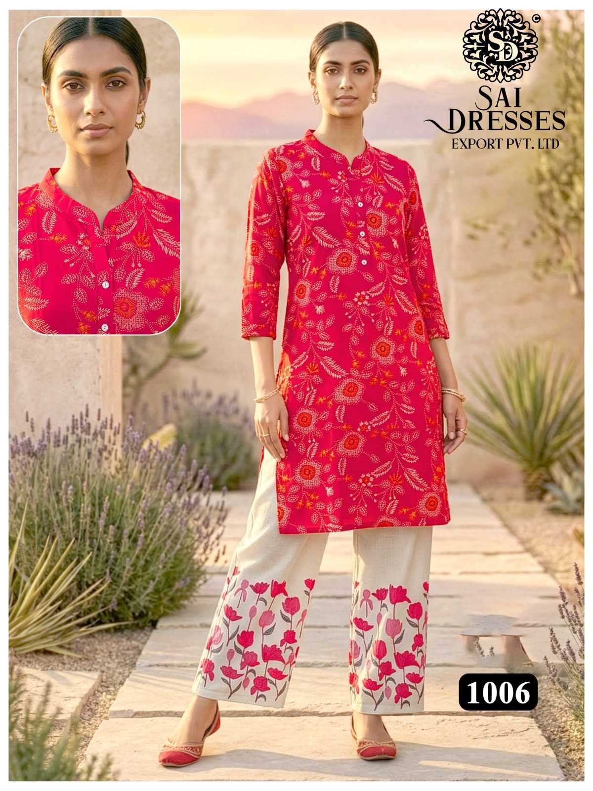 WOMEN'S HEAVY REYON DIGITAL PRINTED KURTI WITH PRINTED PALAZZO PANT SET IN PINK COLOR