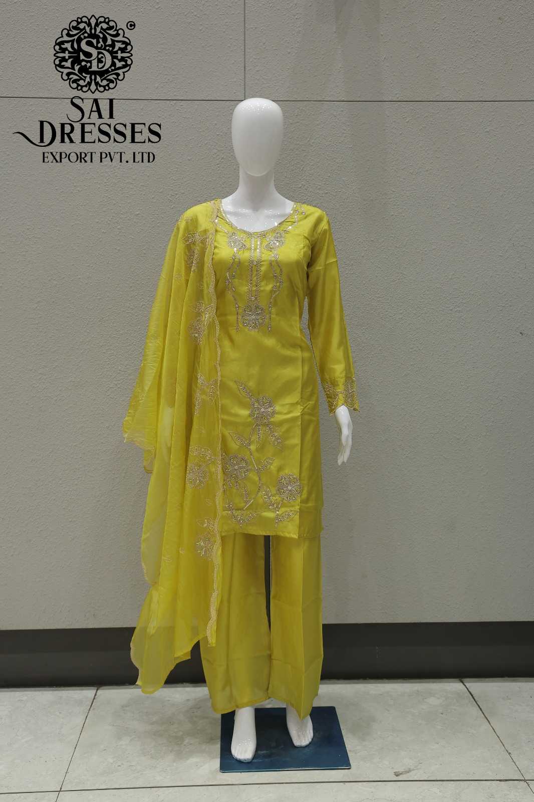 YELLOW GLASS ORGANZA DESIGNER SUIT WITH HEAVY EMBROIDERY WORK, MATCHING DUPATTA AND PALAZZO SET