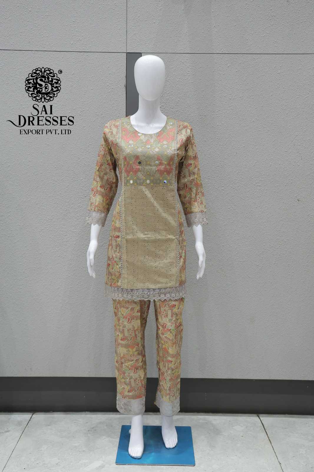 BEIGE PEACH PRINTED COTTON CO-ORD SET WITH LACE WORK