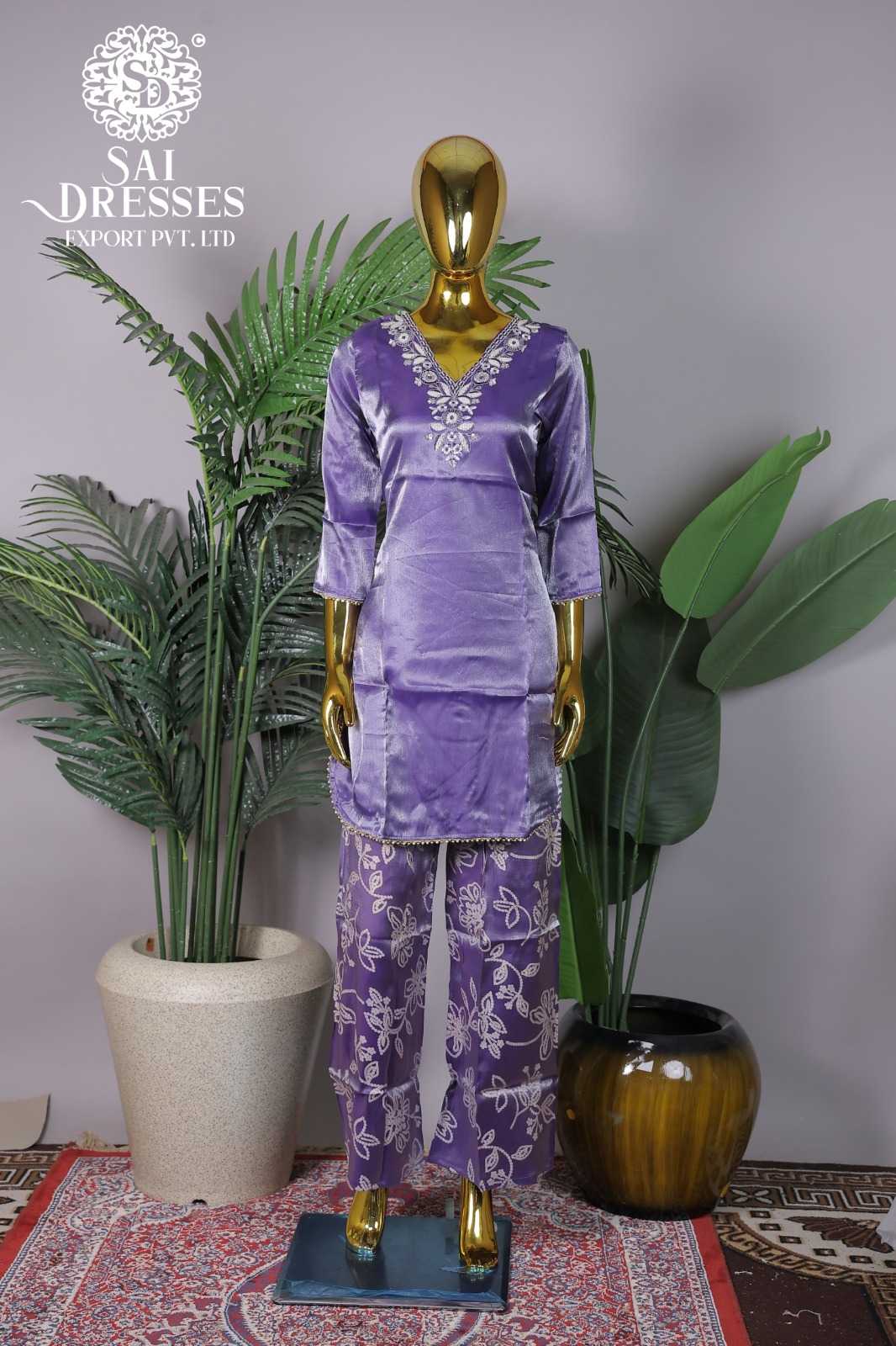 LAVENDER PURPLE SATIN PRINTED CO-ORD SET WITH EMBROIDERY