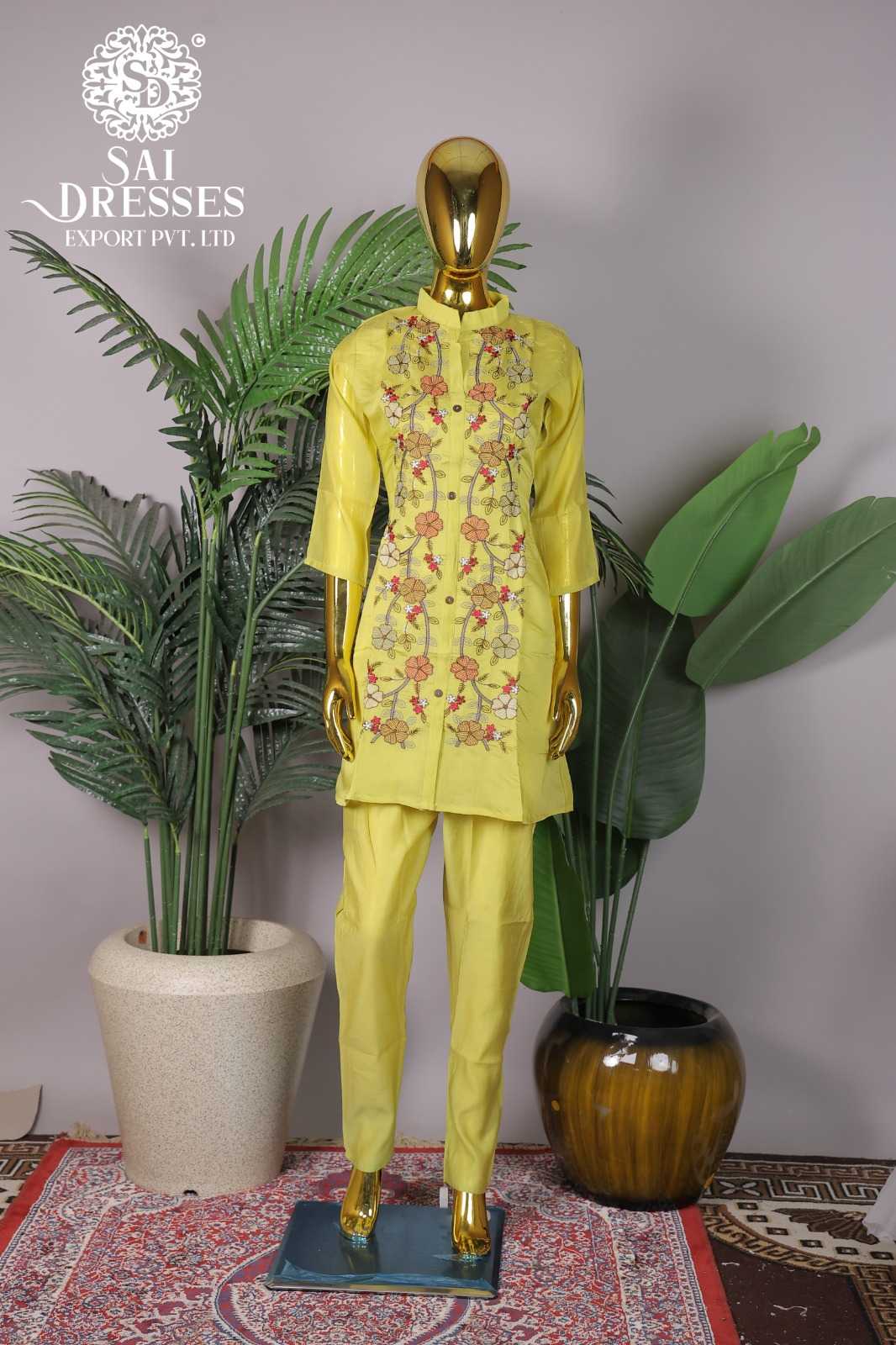 LEMON YELLOW EMBROIDERED KURTI PANT SET WITH FLORAL WORK