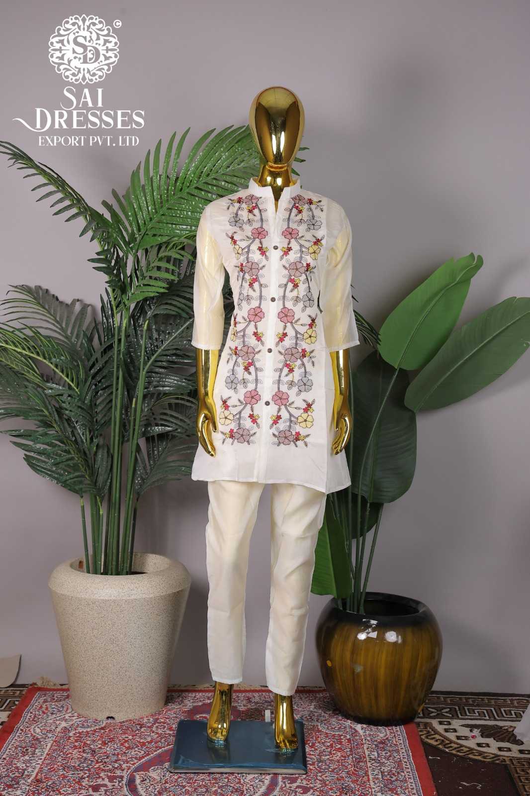 OFF WHITE EMBROIDERED KURTI PANT SET WITH FLORAL DESIGN