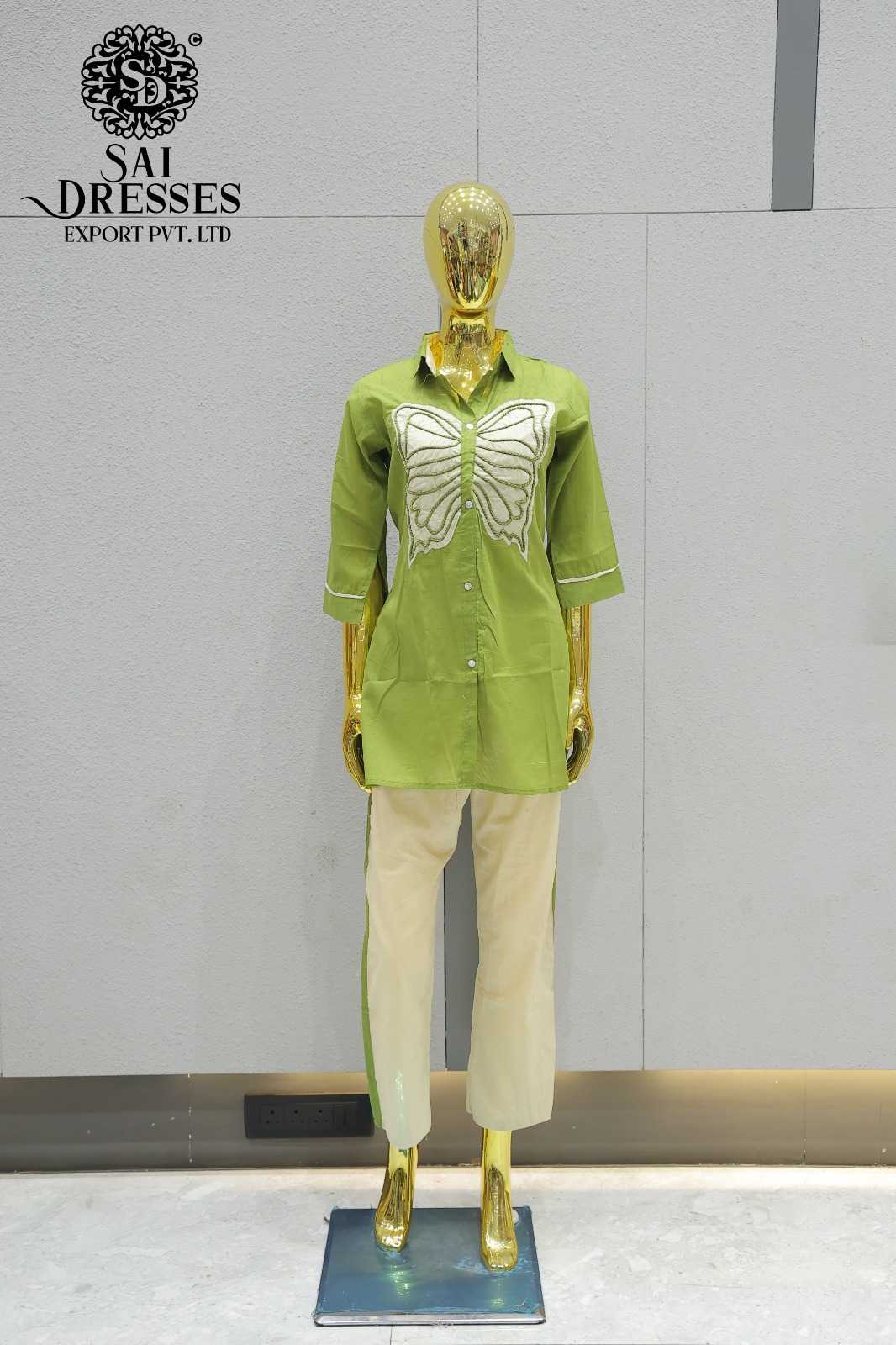 OLIVE GREEN BUTTERFLY EMBROIDERED SHIRT STYLE CO-ORD SET