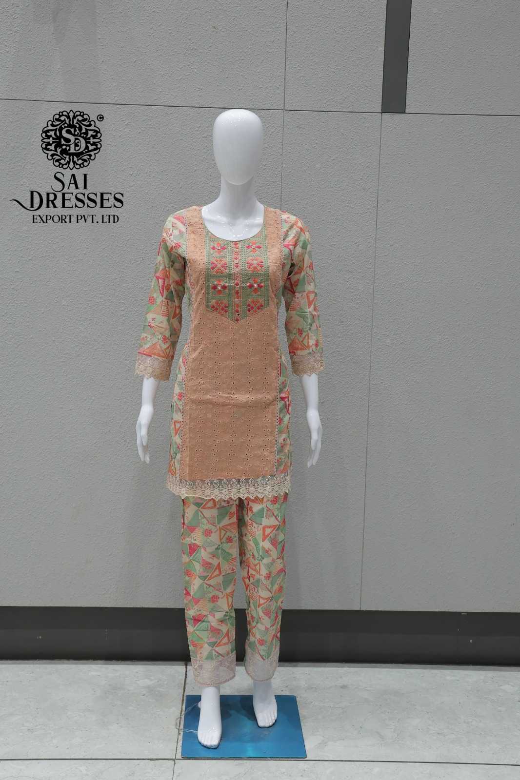 PEACH MINT GEOMETRIC PRINTED CO-ORD SET WITH LACE WORK