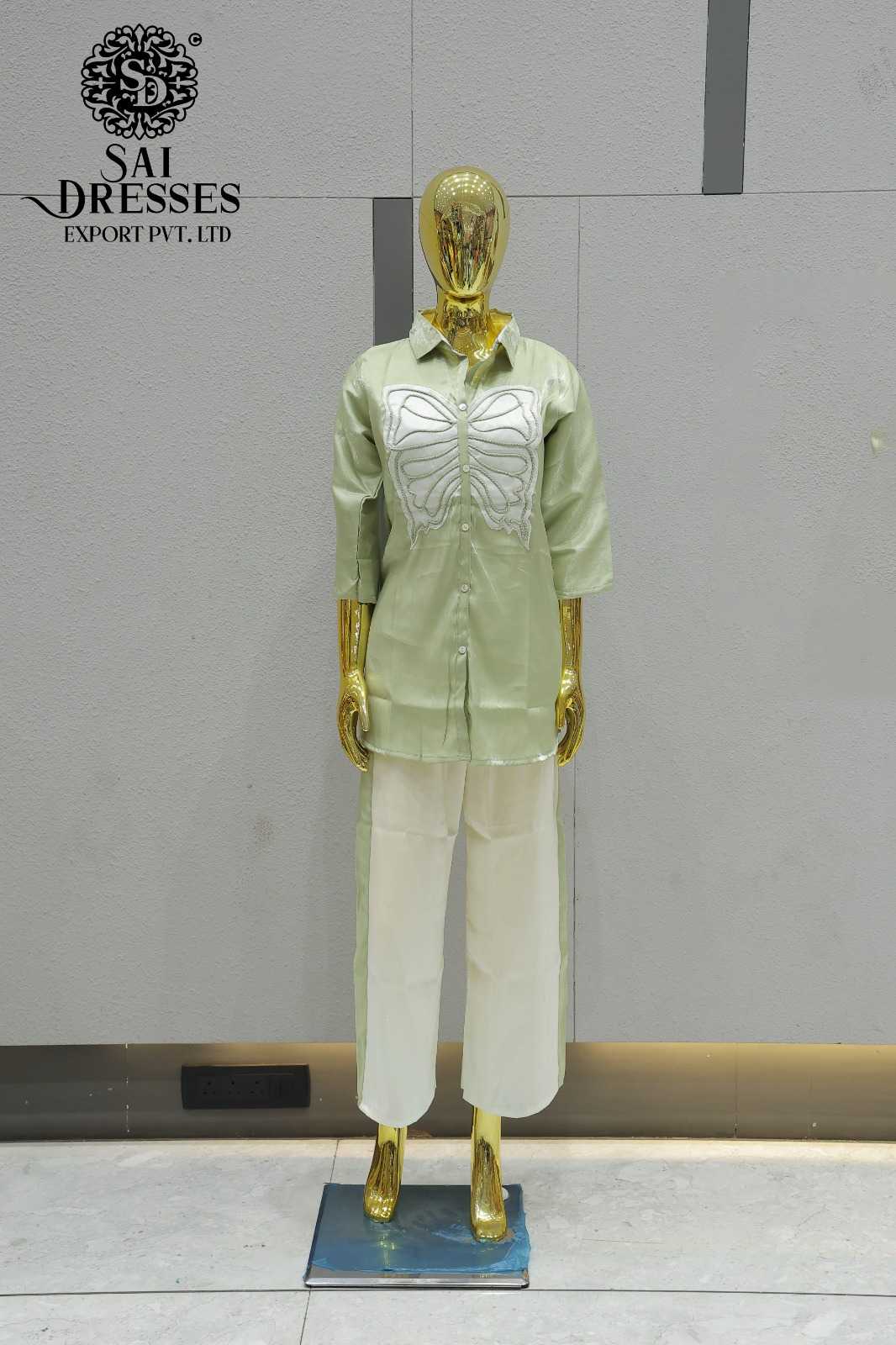 PISTA GREEN BUTTERFLY EMBROIDERED SHIRT STYLE CO-ORD SET