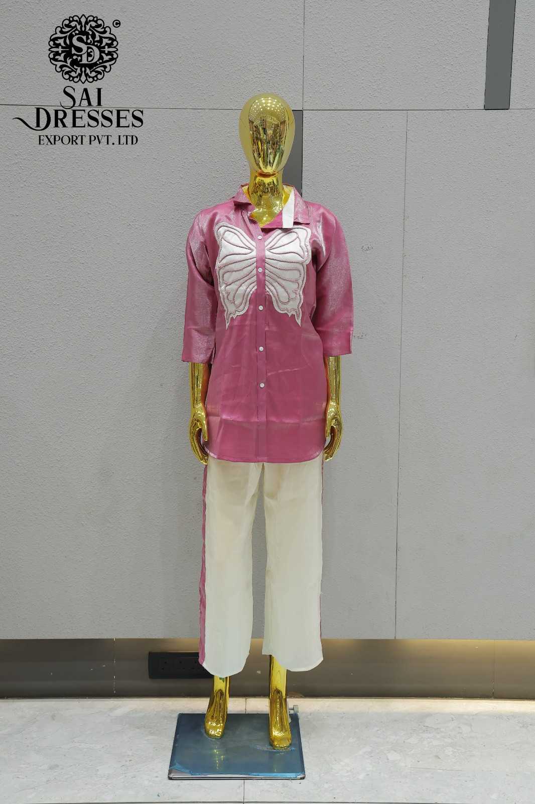 ROSE PINK BUTTERFLY EMBROIDERED SHIRT STYLE CO-ORD SET