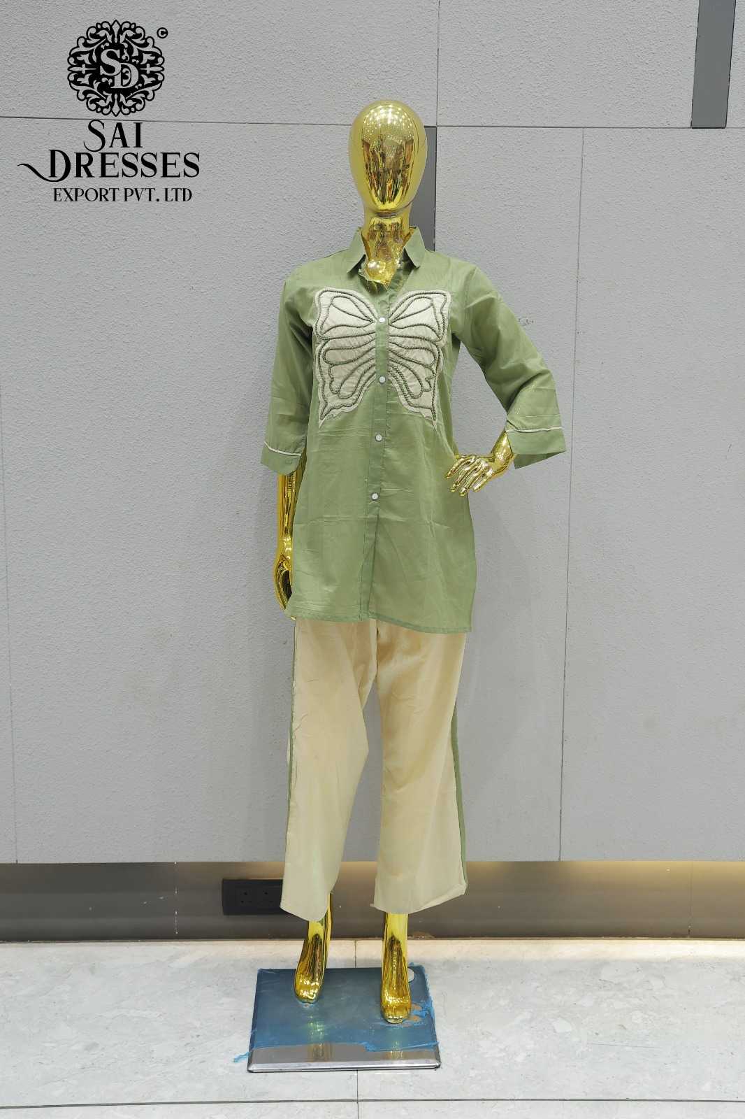 SAGE GREEN BUTTERFLY EMBROIDERED SHIRT STYLE CO-ORD SET
