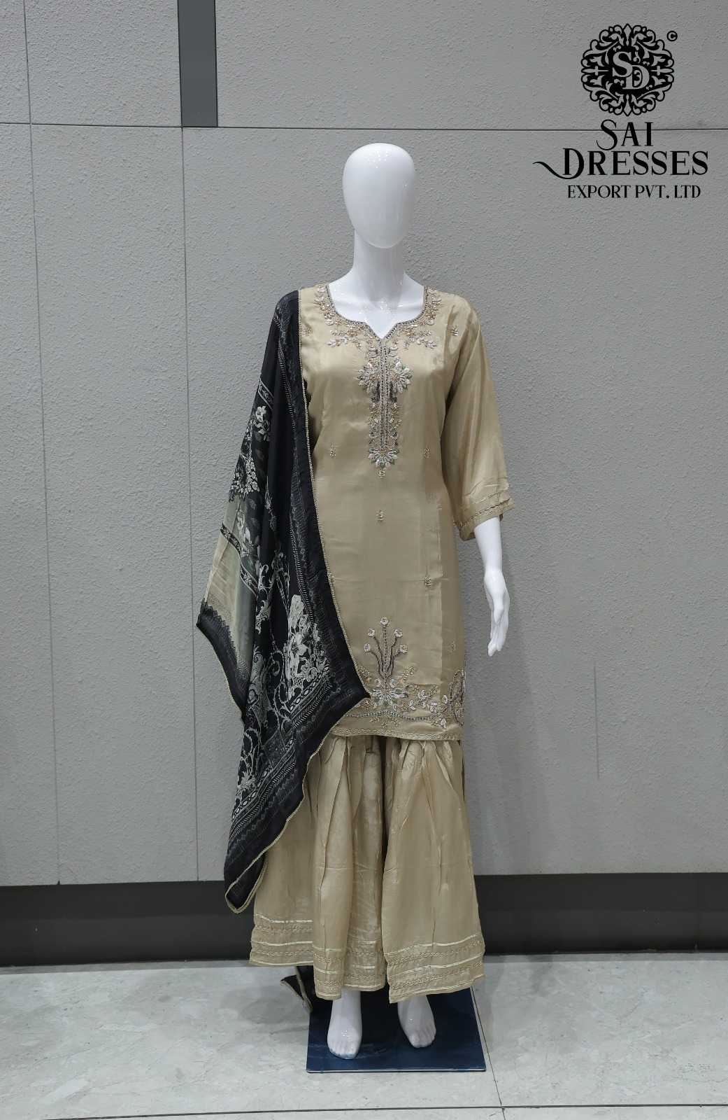 CHAMPAGNE GOLD EMBROIDERED KURTI WITH SHARARA AND PRINTED DUPATTA | DESIGNER FESTIVE WEAR SUIT SET