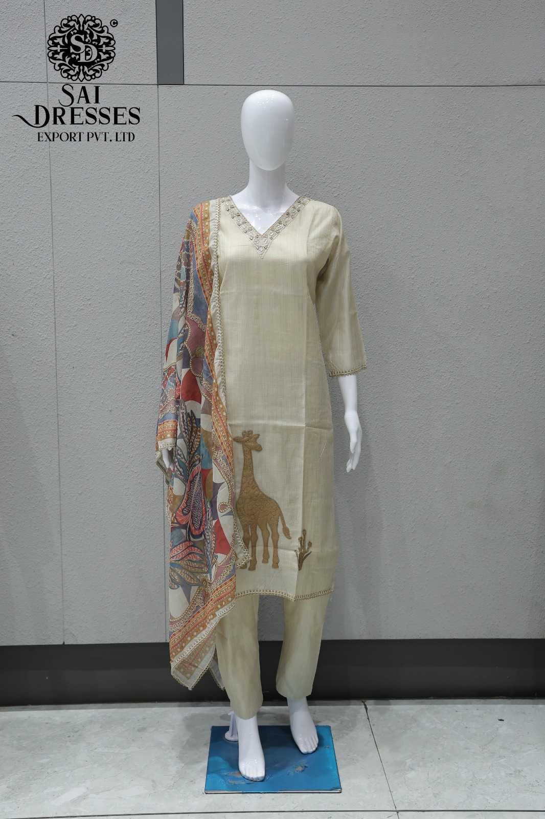 CREAM GIRAFFE PRINT STRAIGHT KURTI WITH PANT AND MULTICOLOR DIGITAL PRINT DUPATTA | DESIGNER ETHNIC SUIT SET